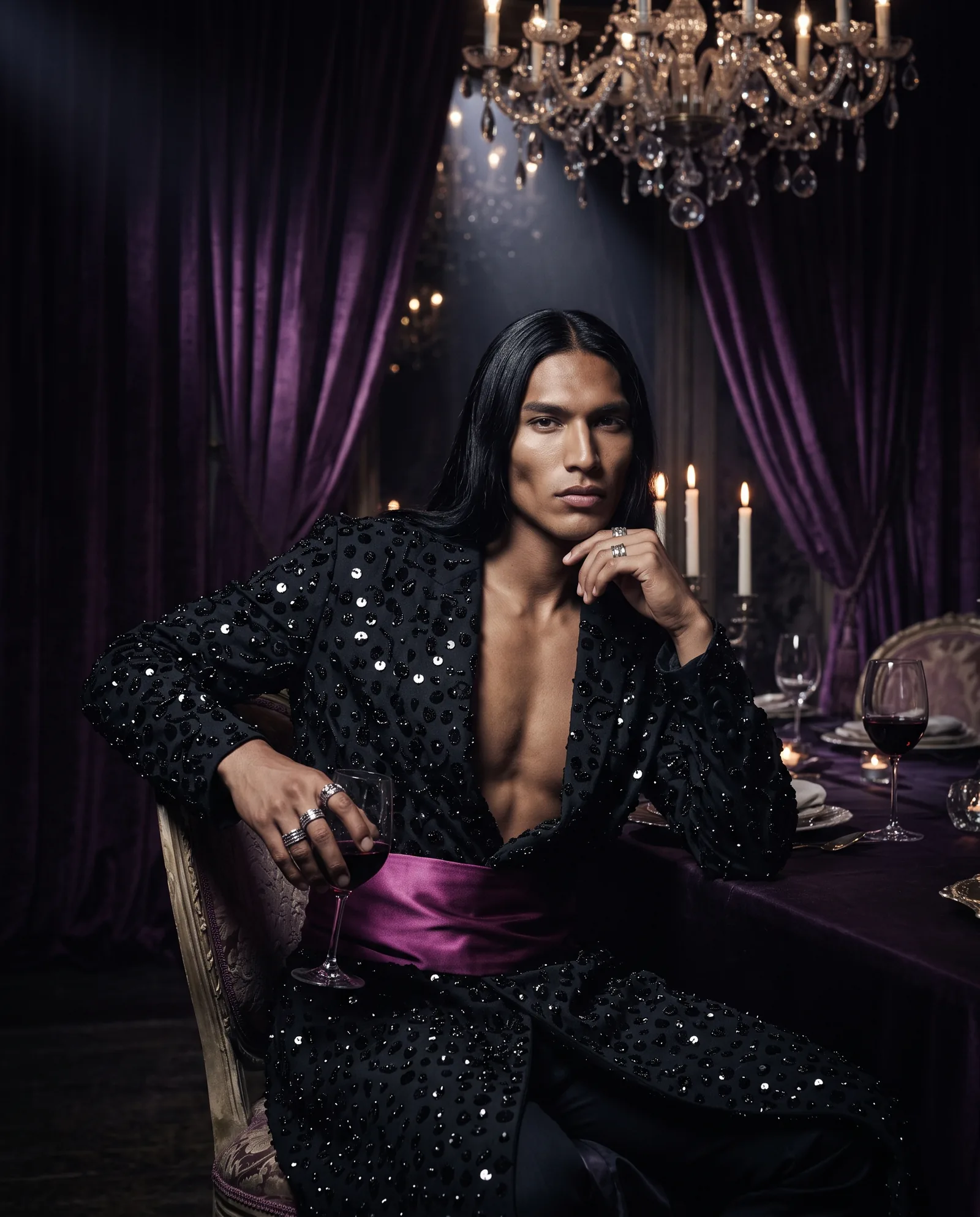 A man with long straight black hair sits sideways at a dinner table under a chandelier, in a long black beaded coat with a magenta silk sash, a glass of red wine in his hand