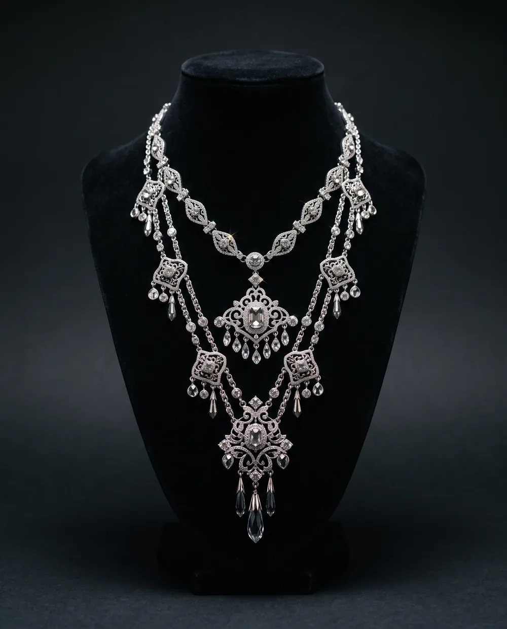 The Tiered Necklace on a black velvet bust: three tiers of silver and crystal with drop pendants