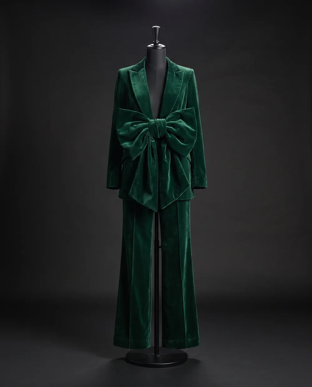 The Velvet Suit on a black dress form: a bottle green velvet jacket with a bow at the waist and wide trousers
