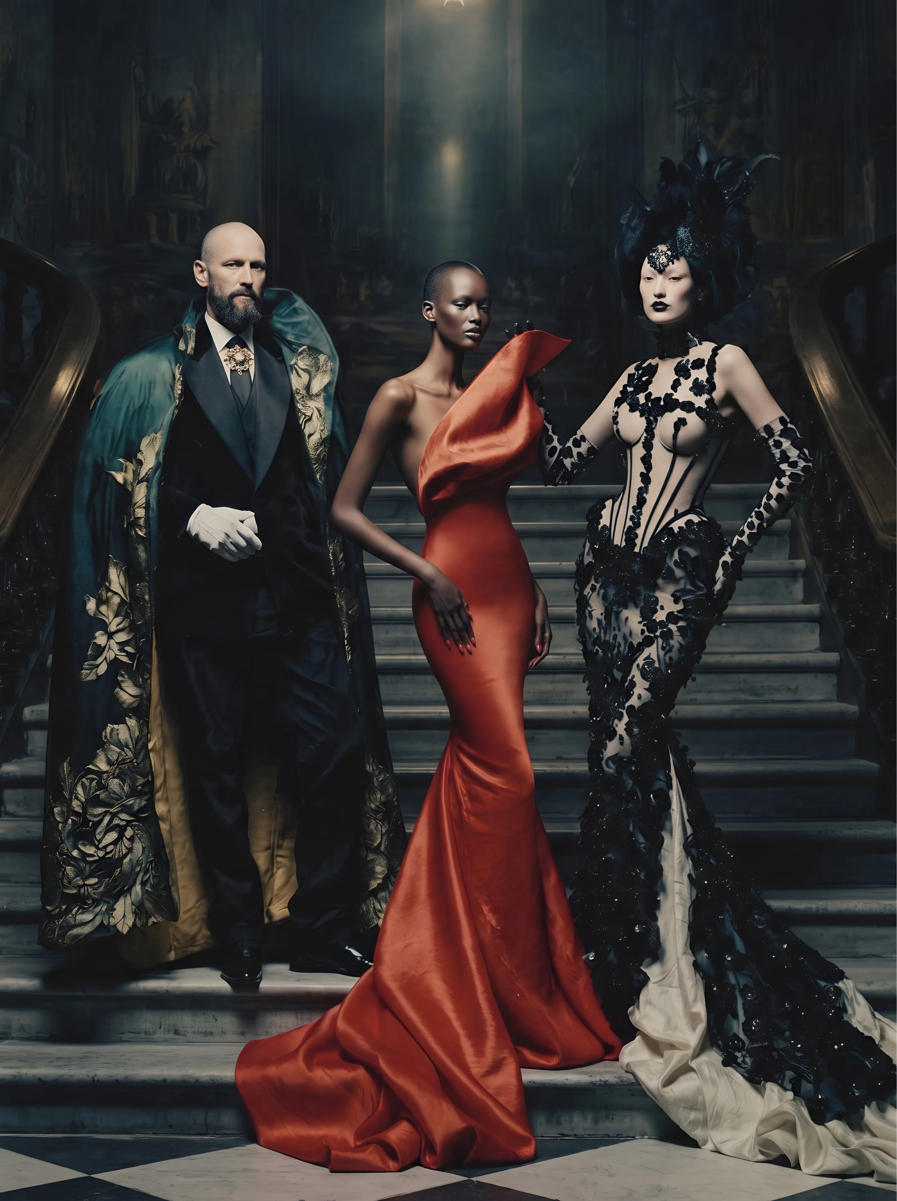 Three models on a palace staircase: a man in a teal cape with gold brocade flowers over a black velvet tuxedo, a woman in a blood red satin gown with a sculpted fold at the shoulder, and a woman in a black lace gown with a feathered headpiece