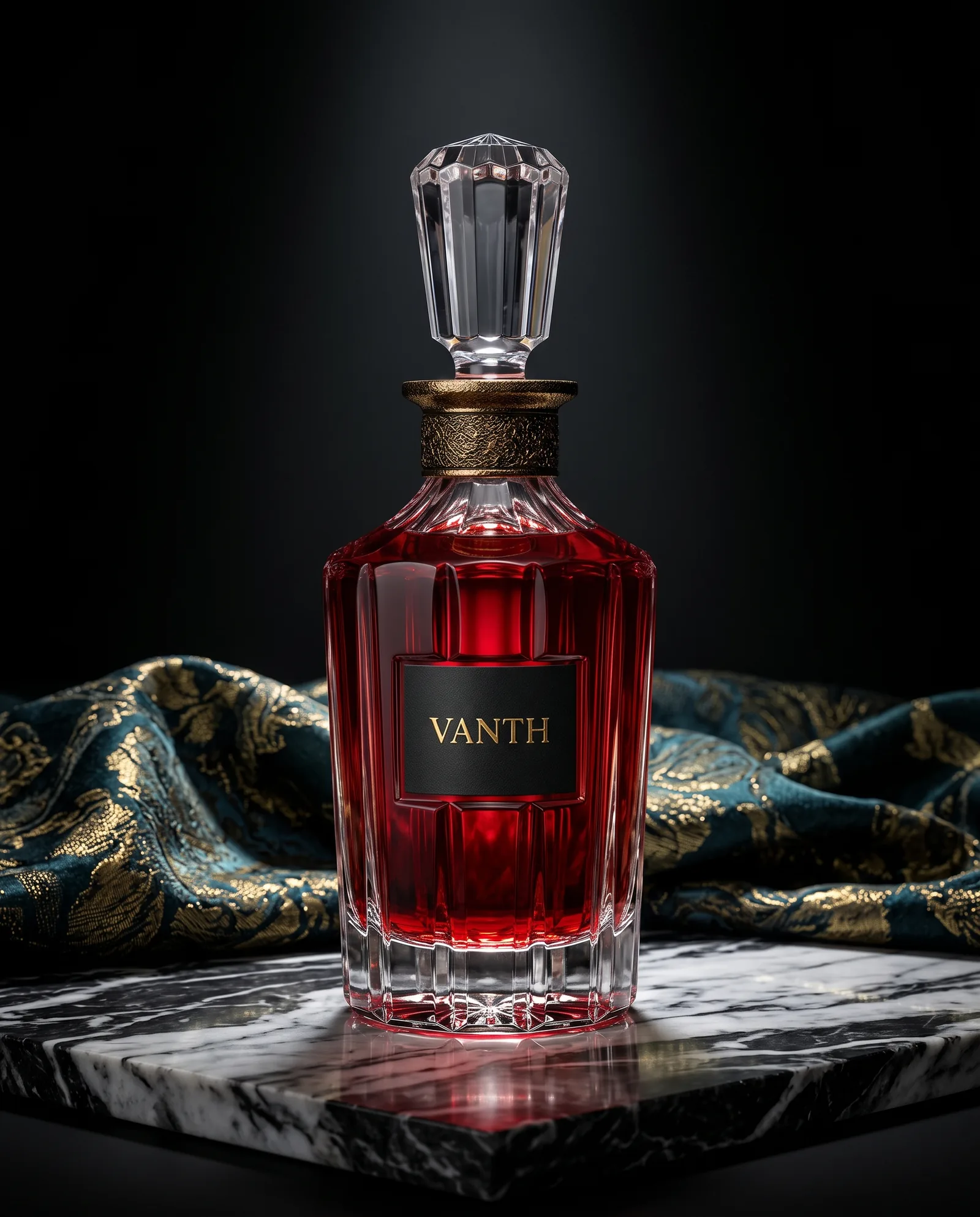 A cut crystal decanter of blood red perfume with a faceted stopper, on black and white marble with a fold of teal and gold brocade