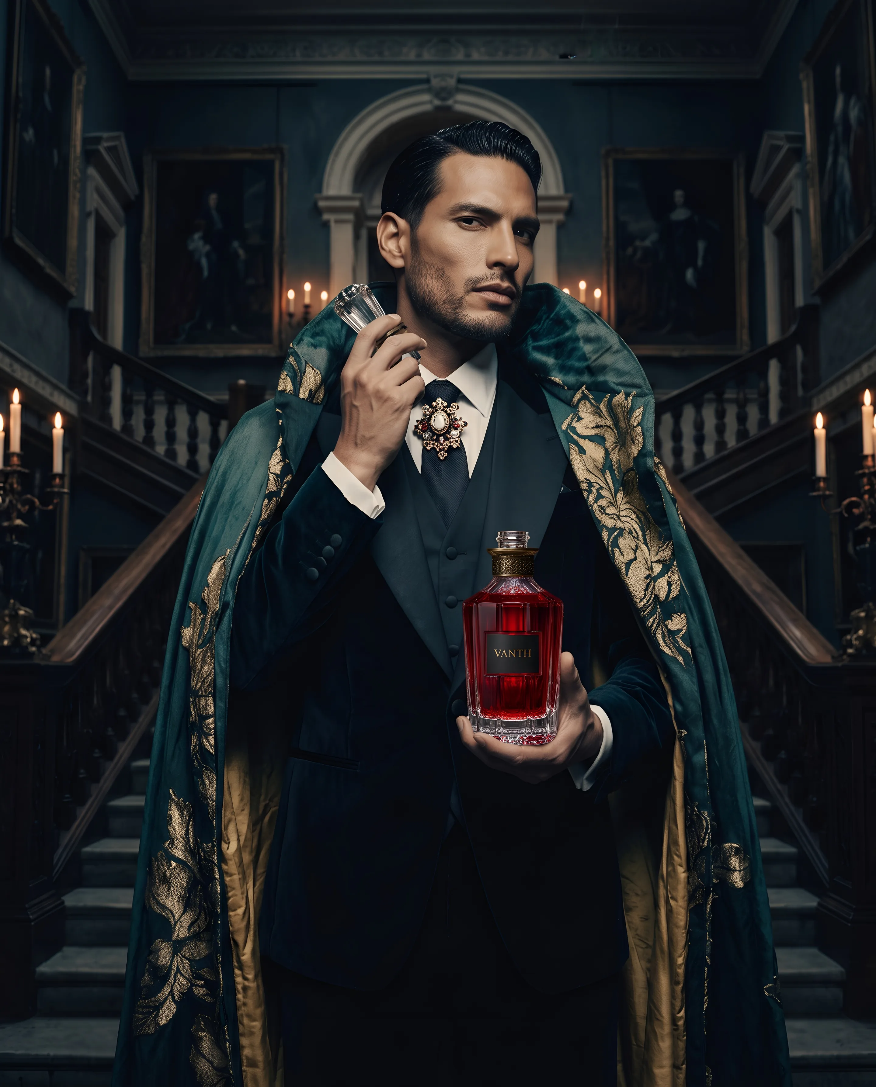 A man with slicked back hair and a short beard stands at the top of a palace staircase at night, in a black velvet tuxedo and a teal brocade cape, holding a crystal bottle of red perfume and touching the stopper to his neck