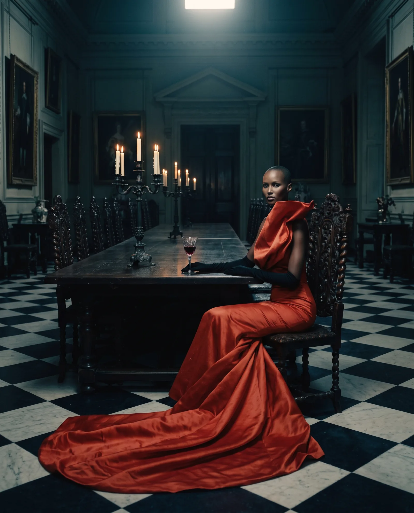 A woman with a shaved head sits at the head of a long dark dining table under candelabra, in a blood red satin gown with a sculpted fold at the shoulder, black gloves and a train on the marble floor