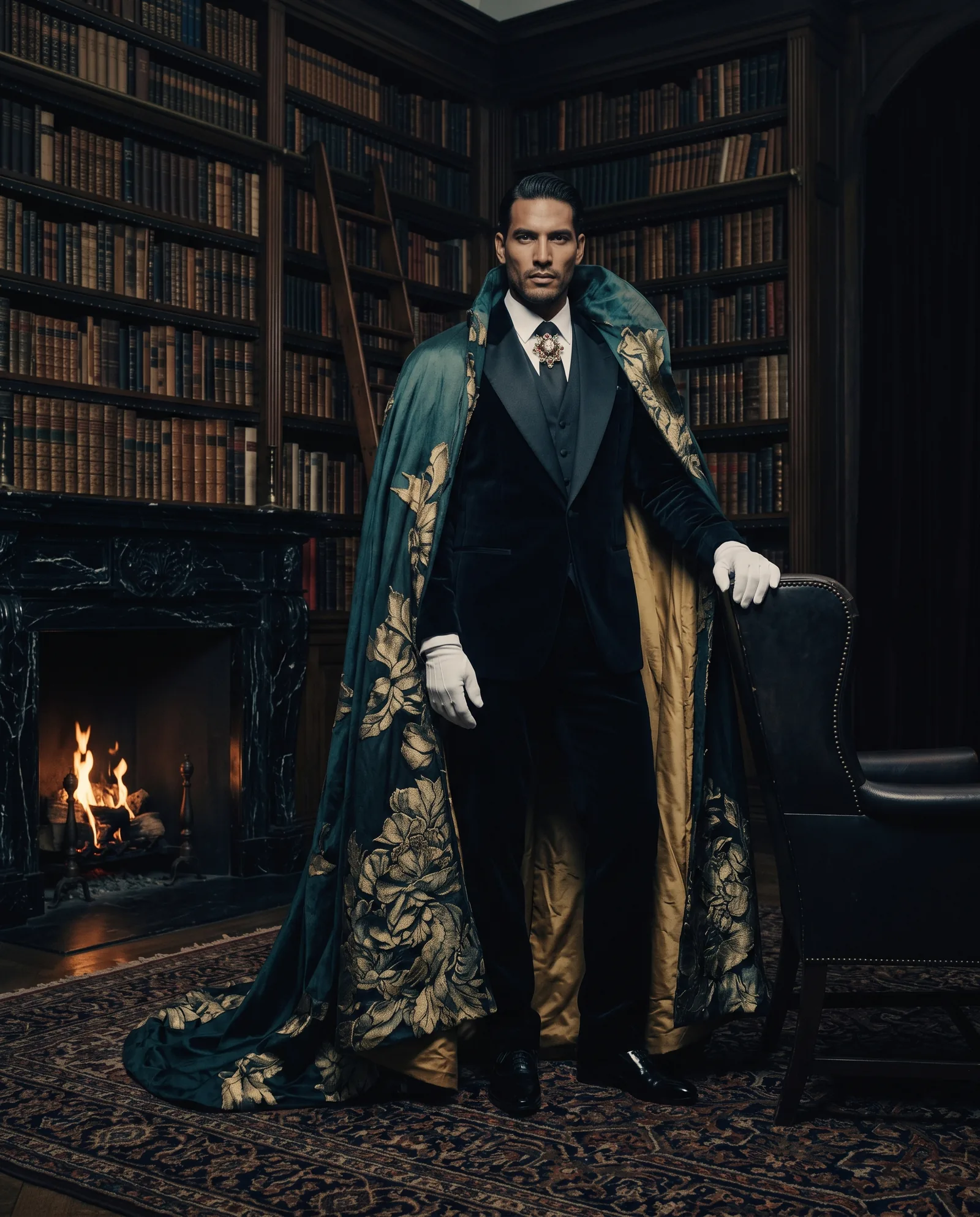 A man with slicked back hair and a short beard stands in a palace library by a fireplace, in a black velvet tuxedo with white gloves under a teal cape with large gold brocade flowers