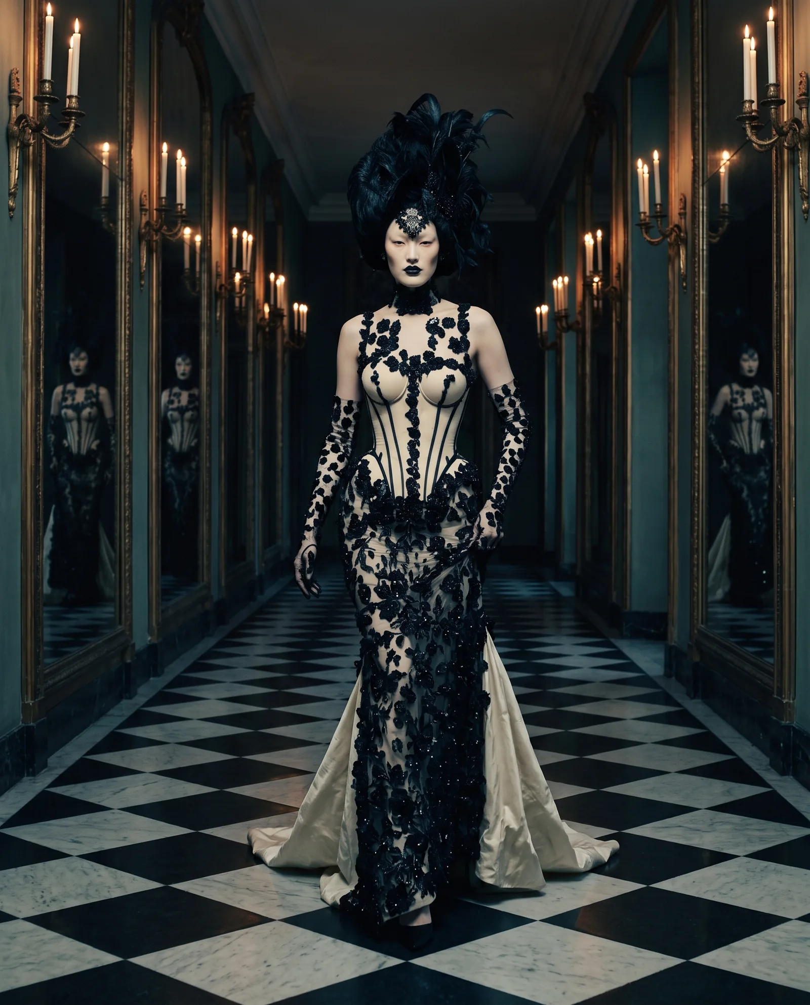 A woman with dark lips and a tall headpiece of black feathers walks down a candlelit gallery of mirrors in a gown of black beaded lace over an ivory corset bodice, with long lace gloves