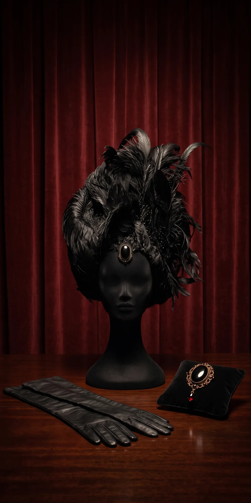 The accessories on a mahogany table in front of a red velvet curtain: a tall headpiece of black feathers with a jet stone on a black head form, a pair of long black leather gloves and a jet brooch with a garnet drop on a velvet cushion
