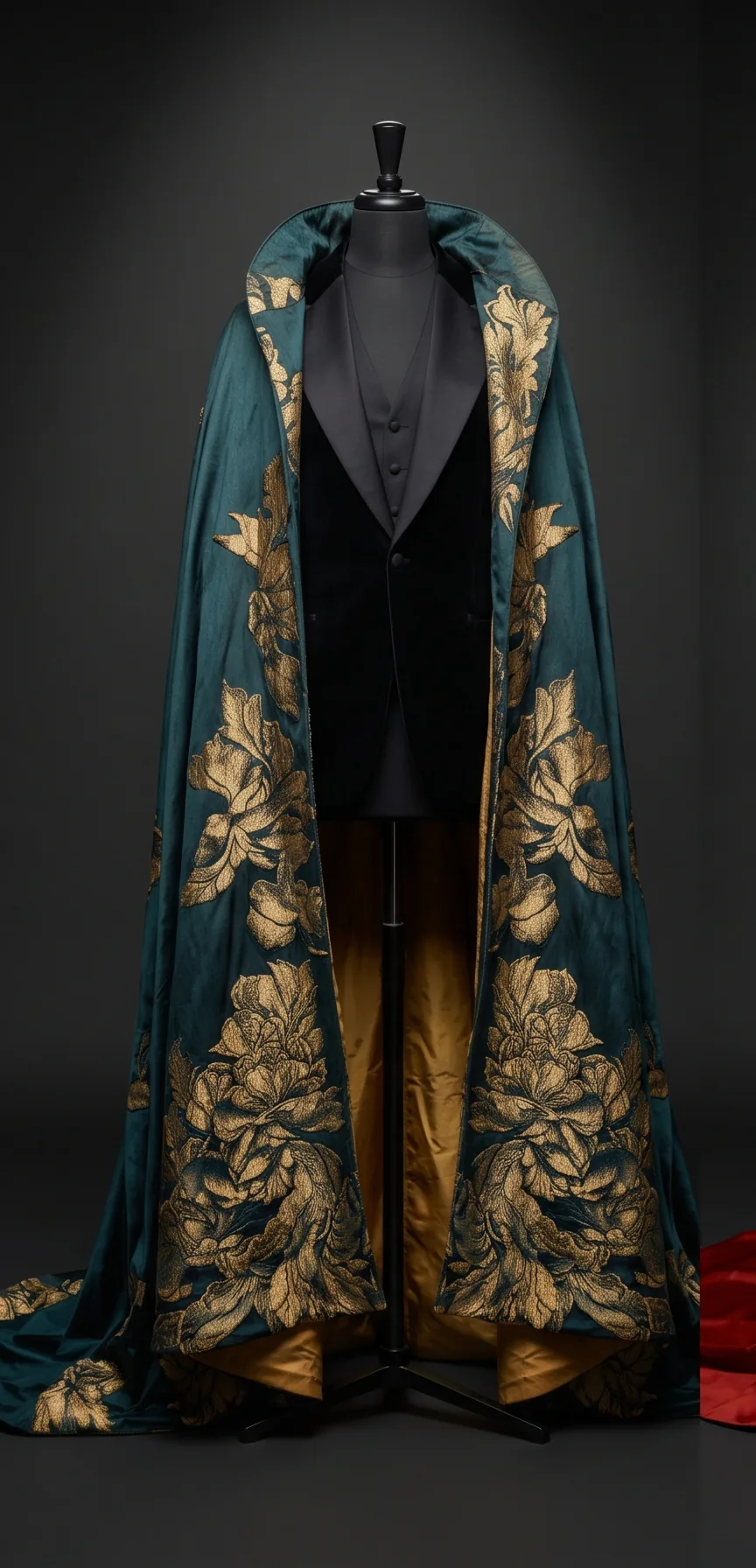 The Heir Cape on a black dress form: a teal cape with gold brocade flowers over a black velvet tuxedo jacket
