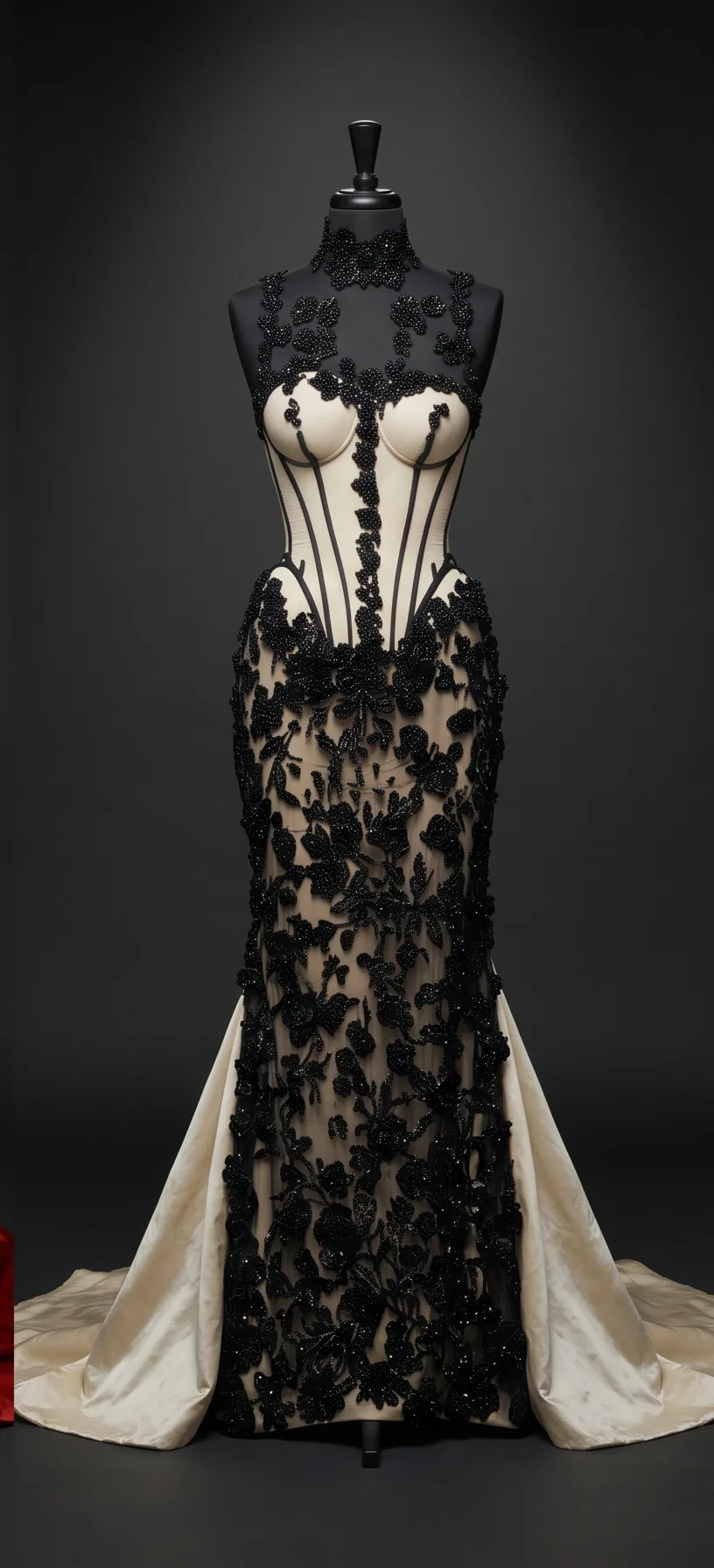 The Widow Lace on a black dress form: a gown of black beaded lace over an ivory corset bodice with an ivory train