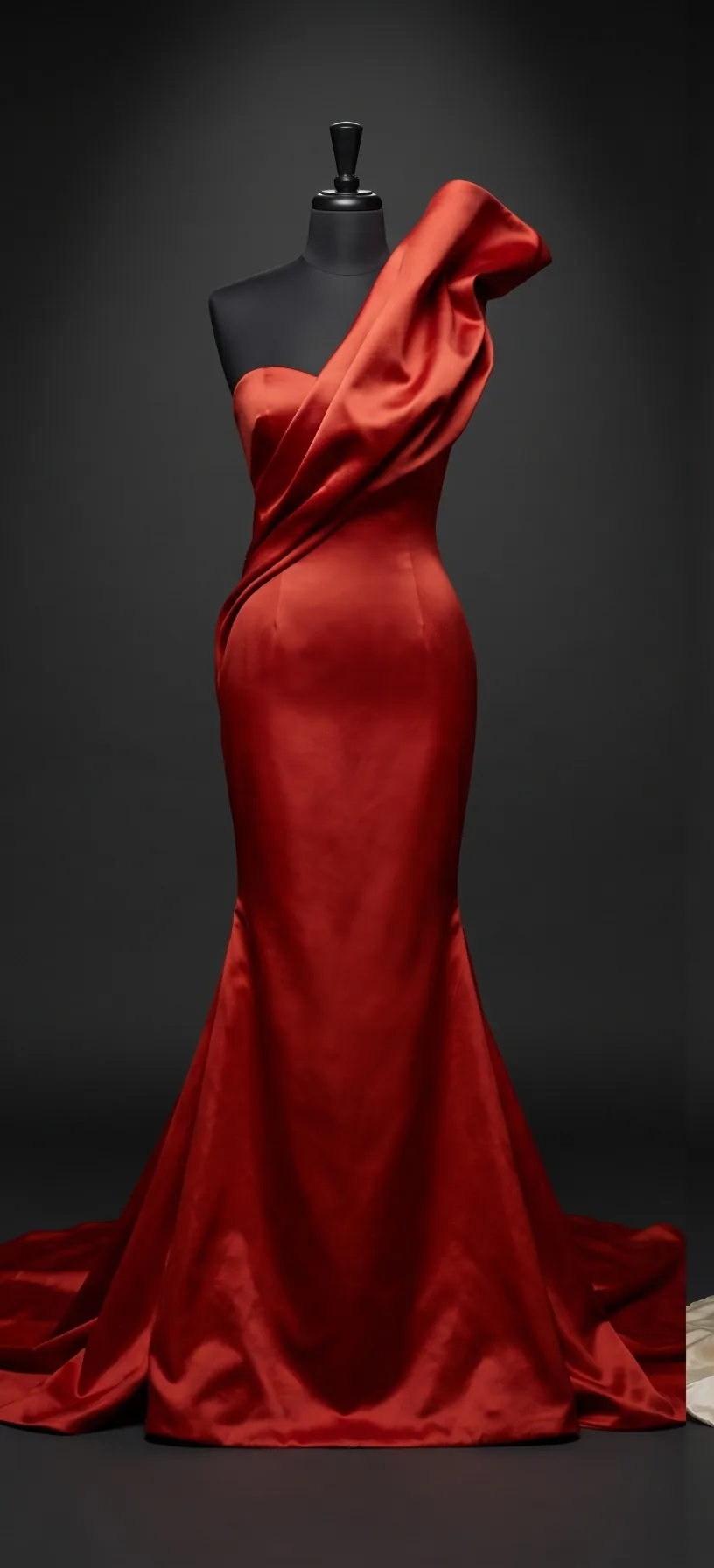 The Matriarch Gown on a black dress form: a blood red satin mermaid gown with a sculpted shoulder fold
