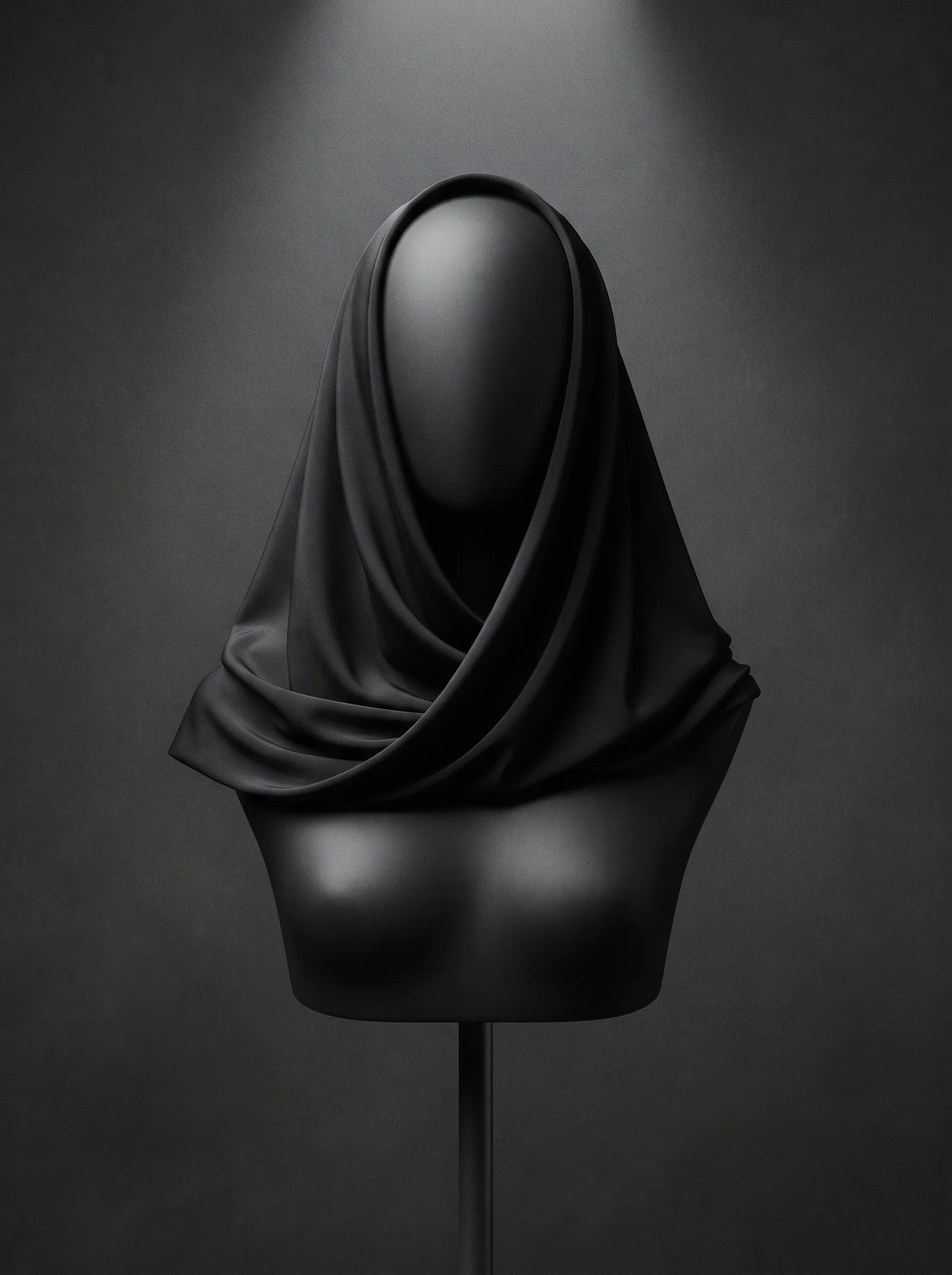 The Draped Hood on a black mannequin head: black silk jersey wrapped over the head and crossed over the shoulders