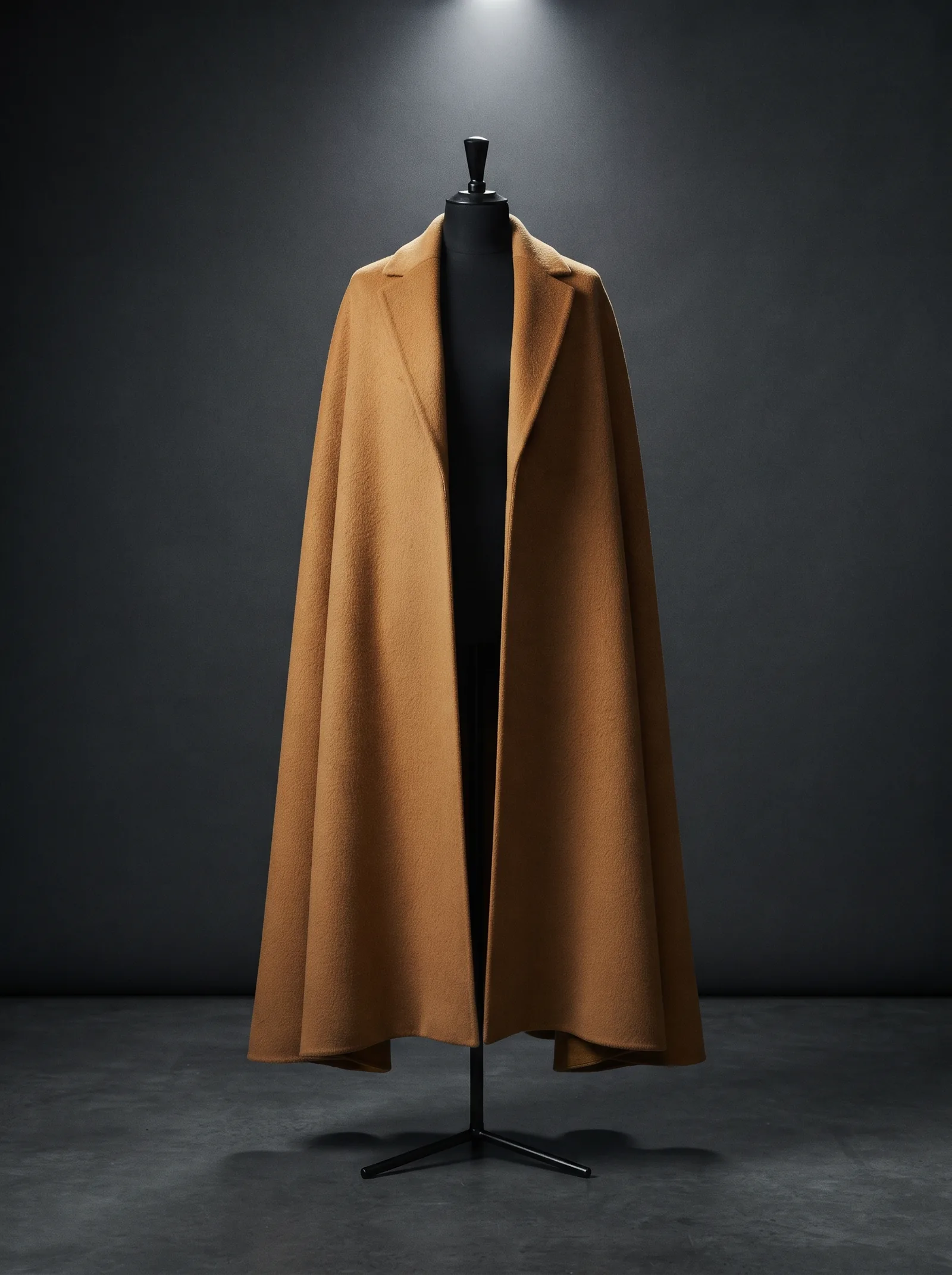 The Camel Cape on a black dress form: a camel wool cape with a wide collar that falls to the floor