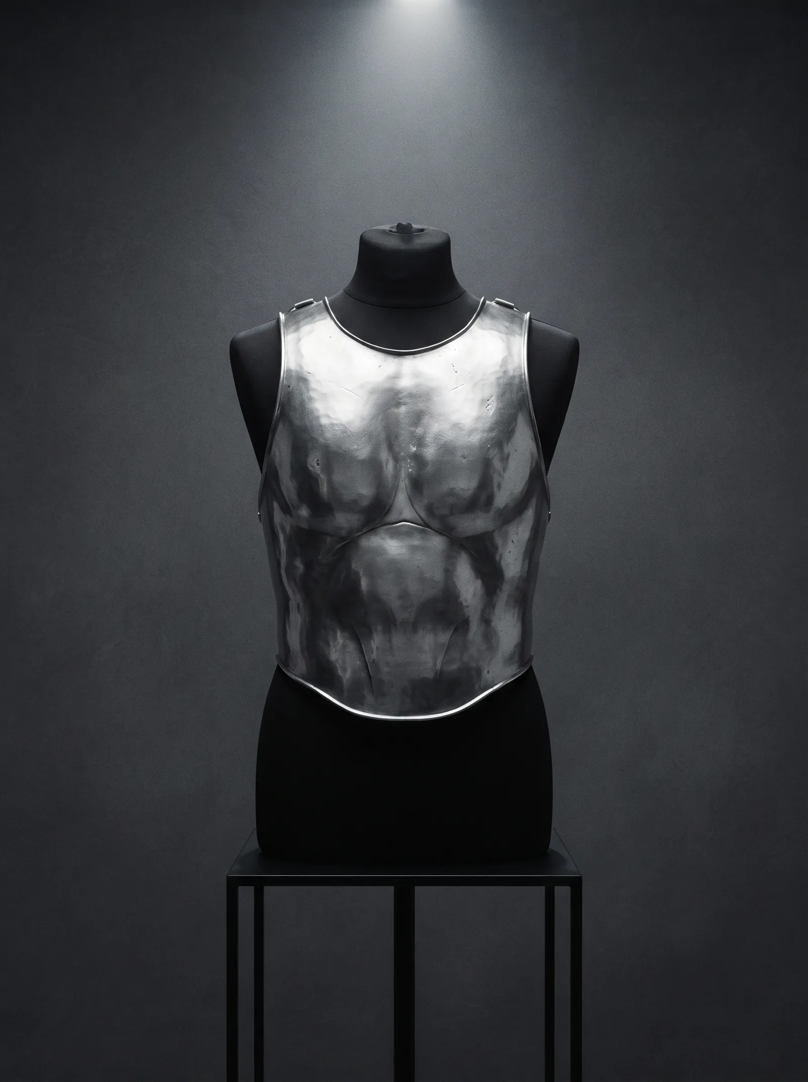 The Chest Plate on a black dress form: a breastplate of polished silver shaped to the torso