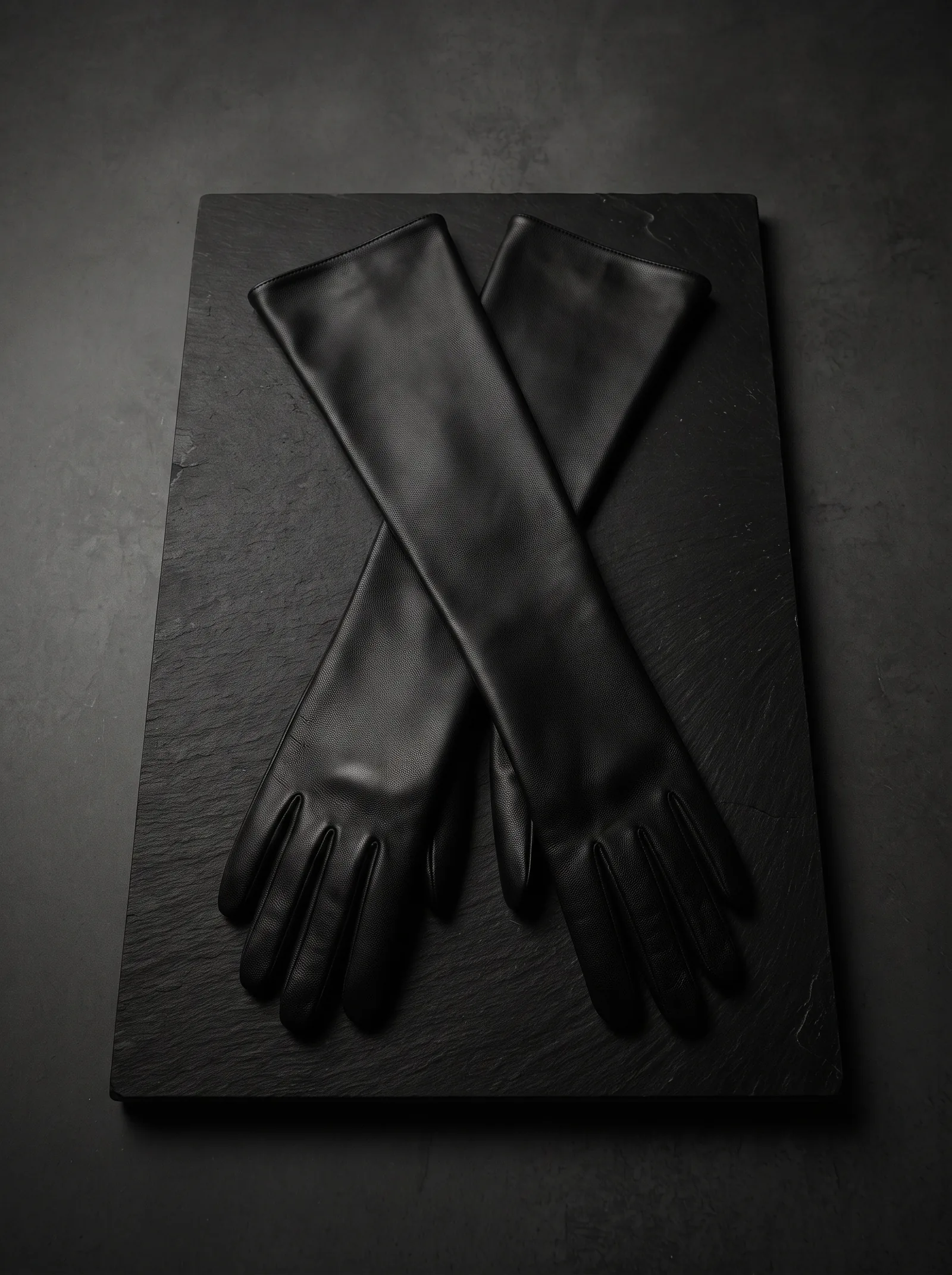 The Leather Glove: a pair of long black nappa leather gloves crossed on a slab of black stone