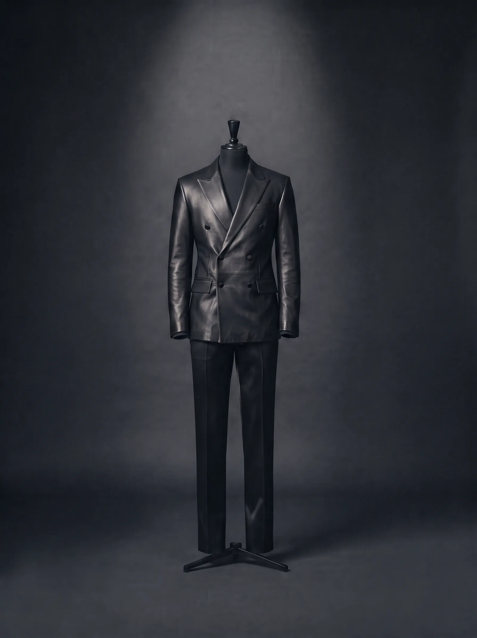 The Stage Suit on a black dress form: a black leather double breasted blazer with peak lapels and black satin trousers