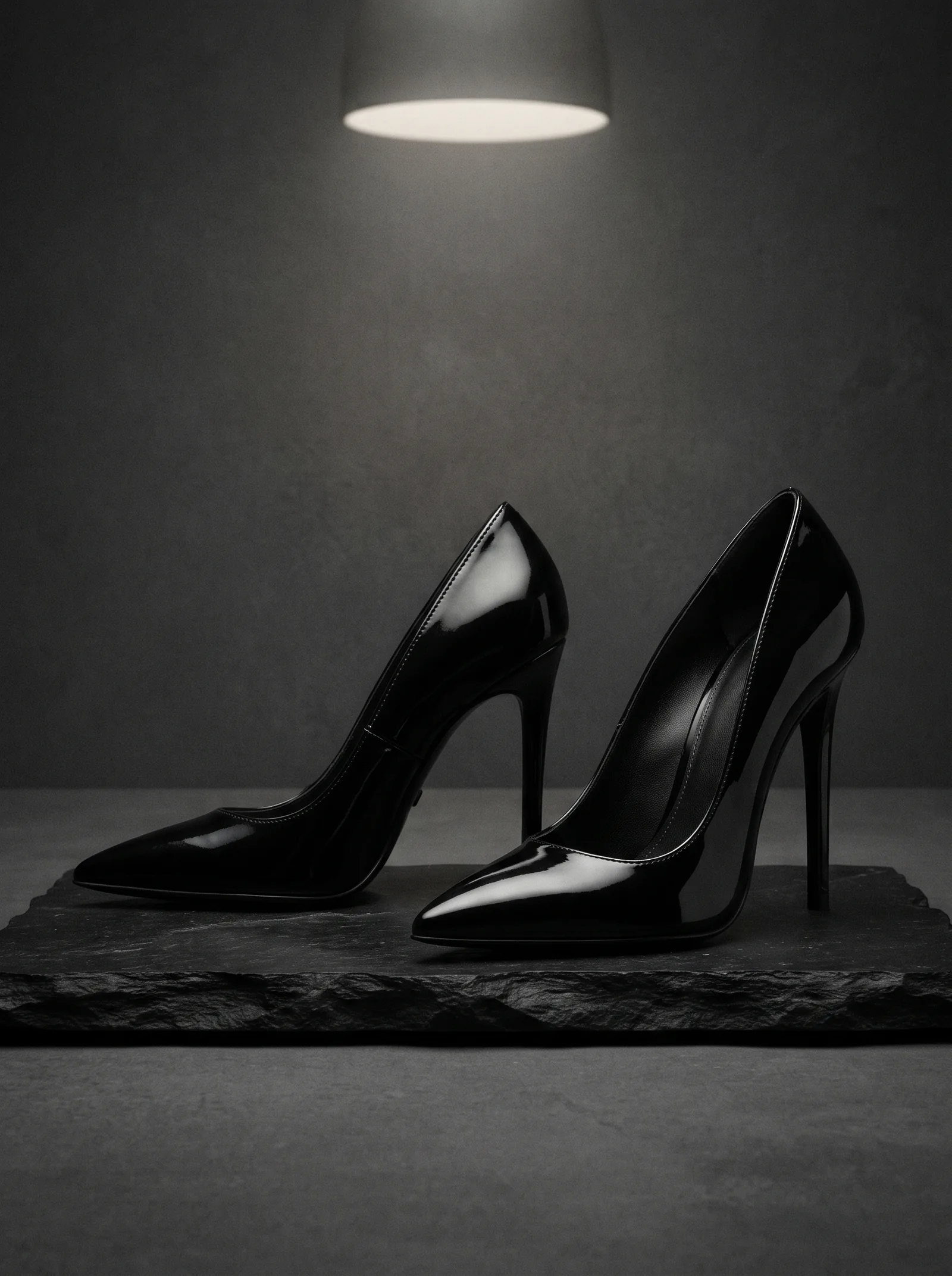 The Patent Pump: a pair of pointed black patent pumps with a high thin heel on black stone