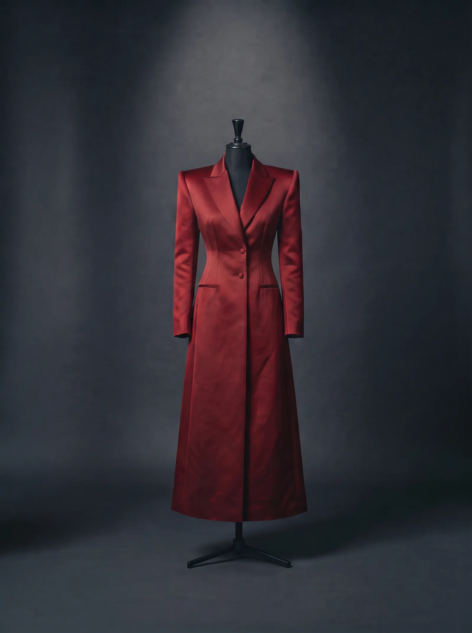 The Red Coat on a black dress form: a long deep red satin coat with strong shoulders, peak lapels and a buttoned front