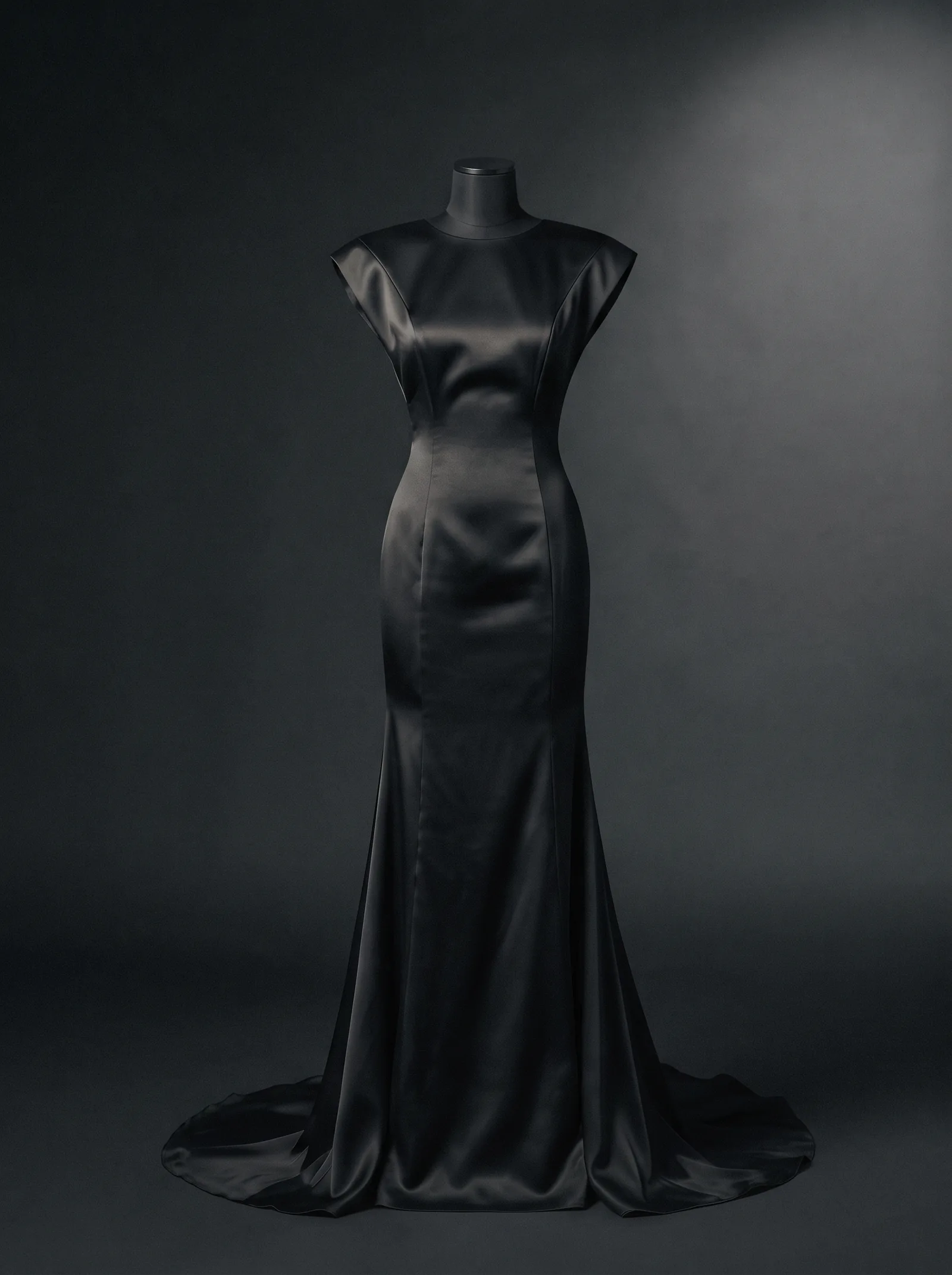 The Satin Column on a black dress form: a black satin gown with cap shoulders and a train