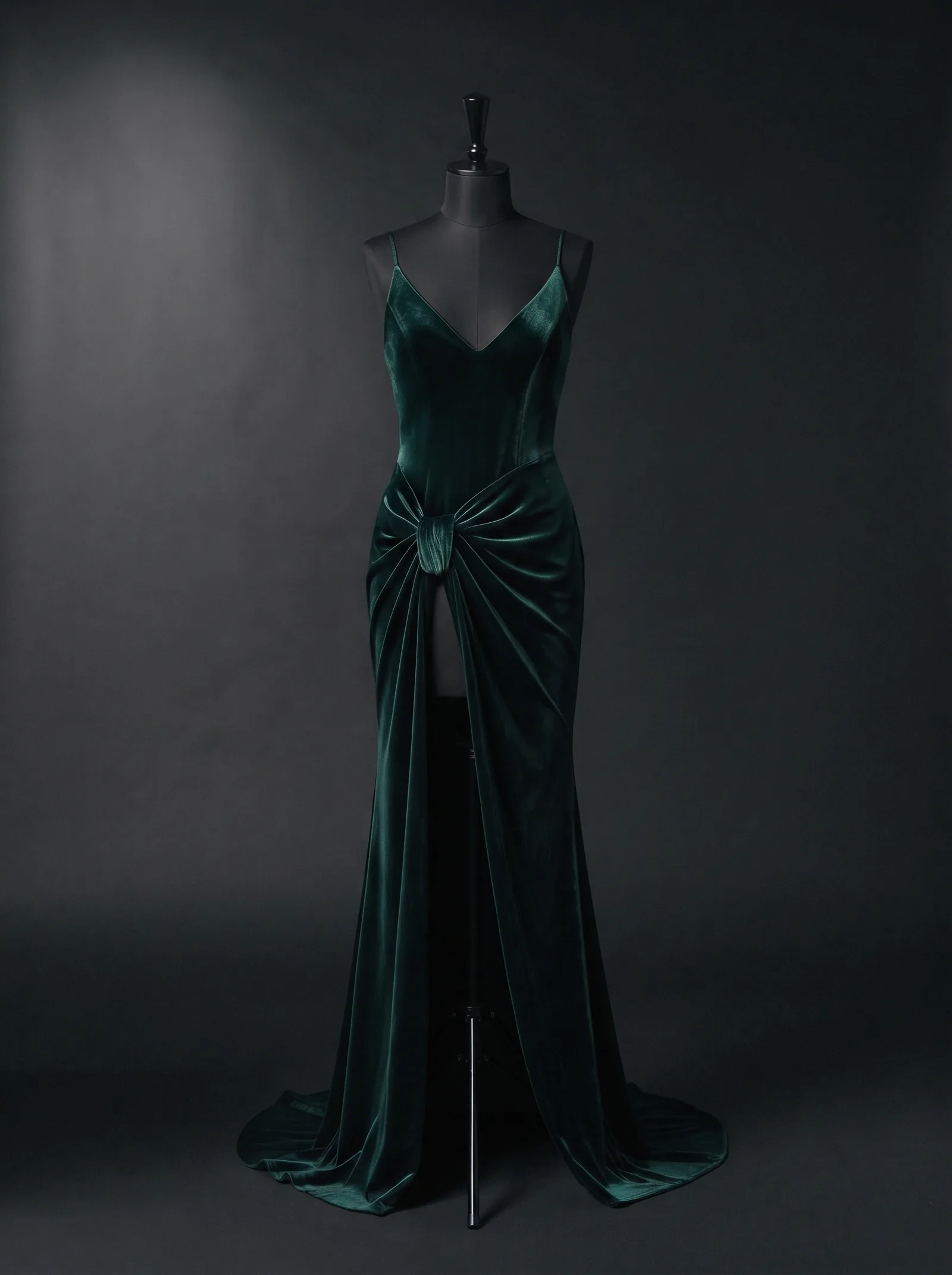 The Emerald Slip on a black dress form: an emerald silk gown with thin straps and a knot at the hip