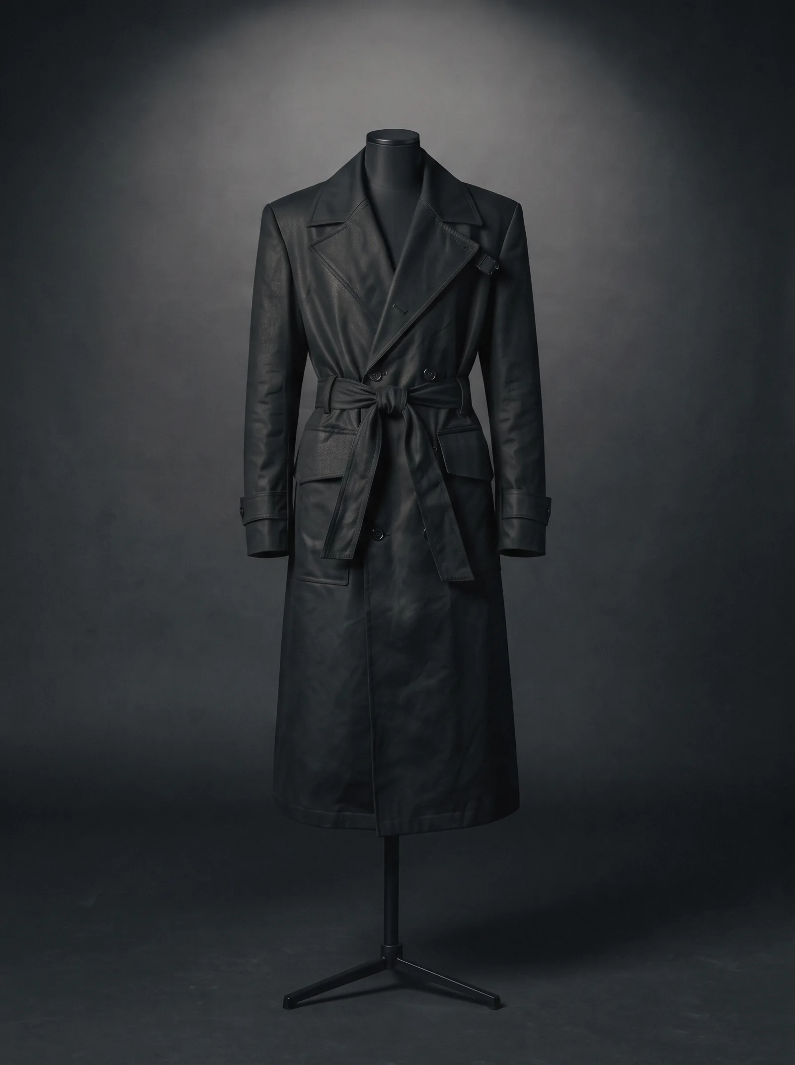 The River Coat on a black dress form: a long black belted coat with flap pockets