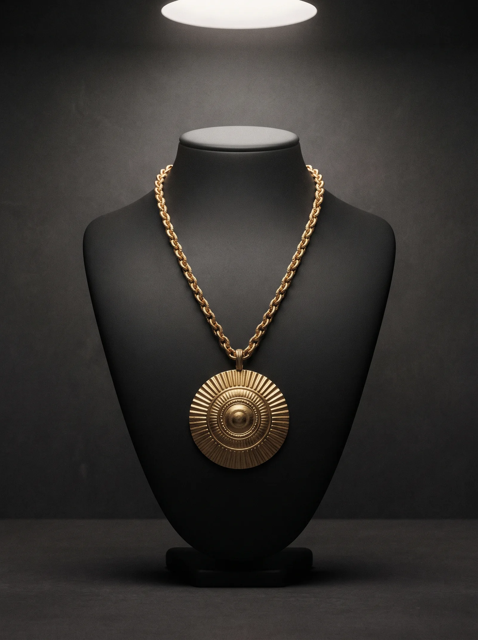 The Sun Disc on a black bust: a round gold medallion with rays on a heavy gold chain