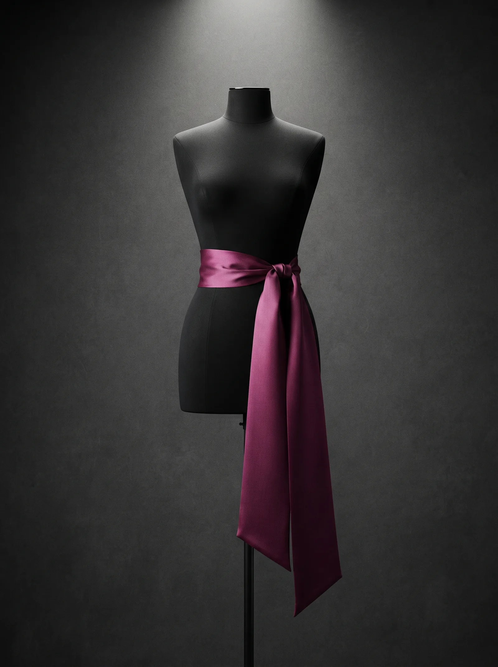 The Silk Sash tied at the waist of a black dress form: magenta silk satin with long ends that fall to the knee