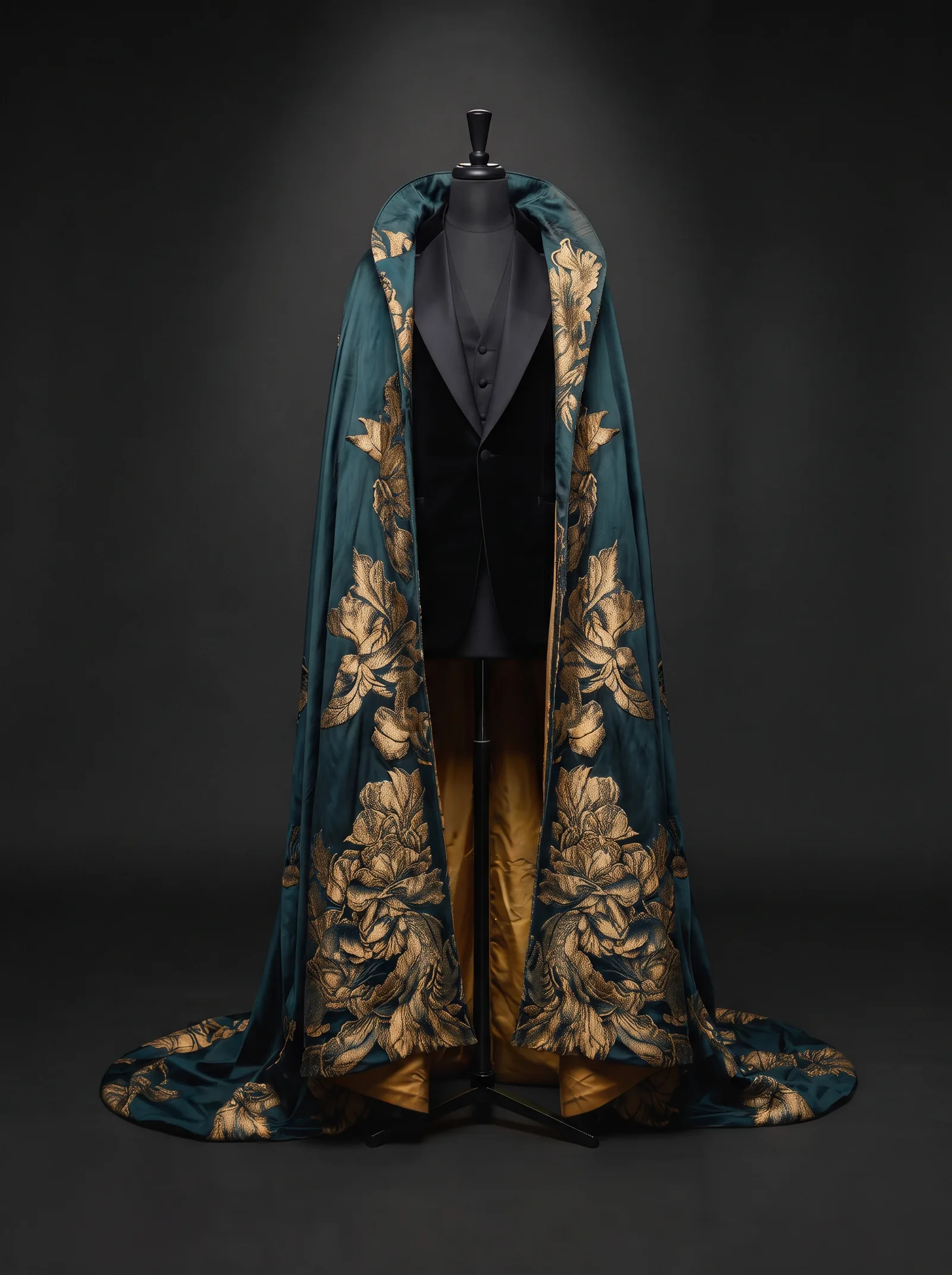 The Heir Cape on a black dress form: a teal cape with gold brocade flowers over a black velvet tuxedo jacket