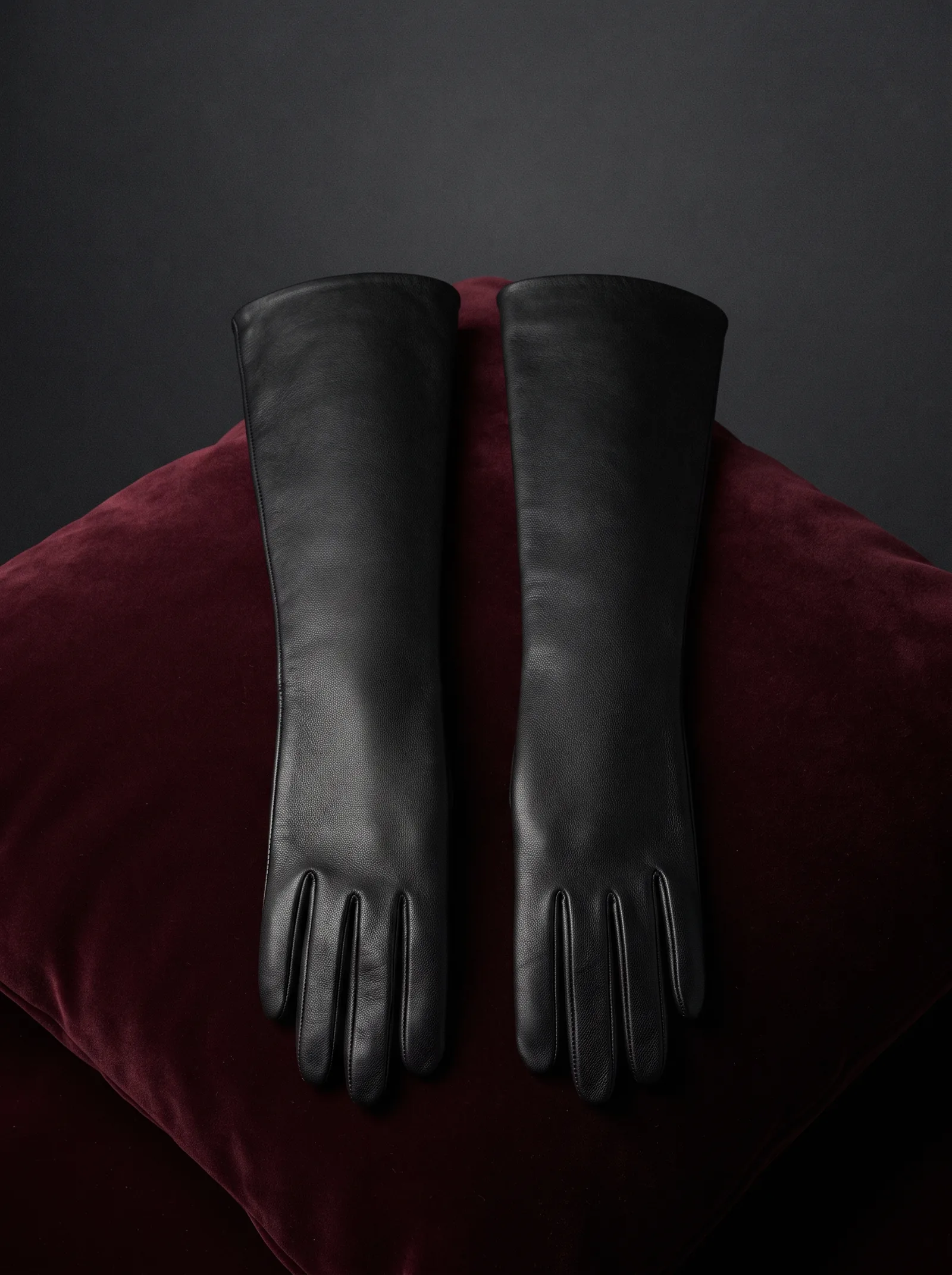 The Dinner Glove: a pair of long black kid leather gloves on a cushion of dark red velvet