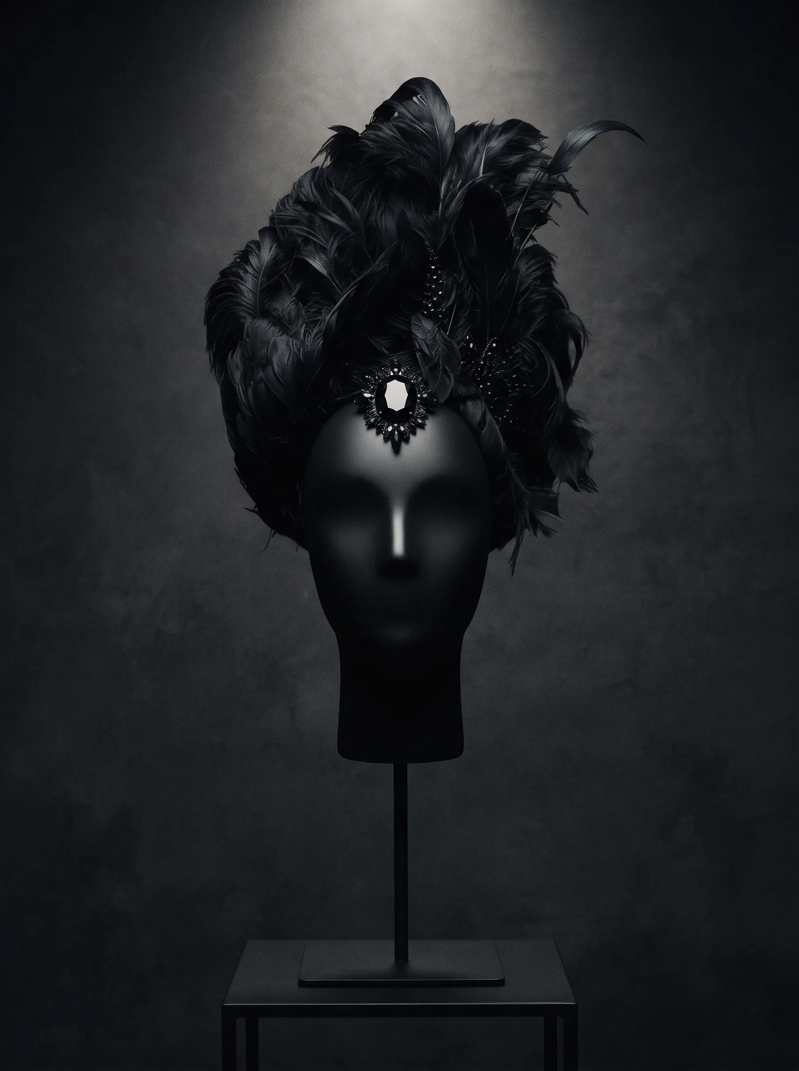 The Feather Crown on a black mannequin head: a crown of black feathers with a jet stone at the front