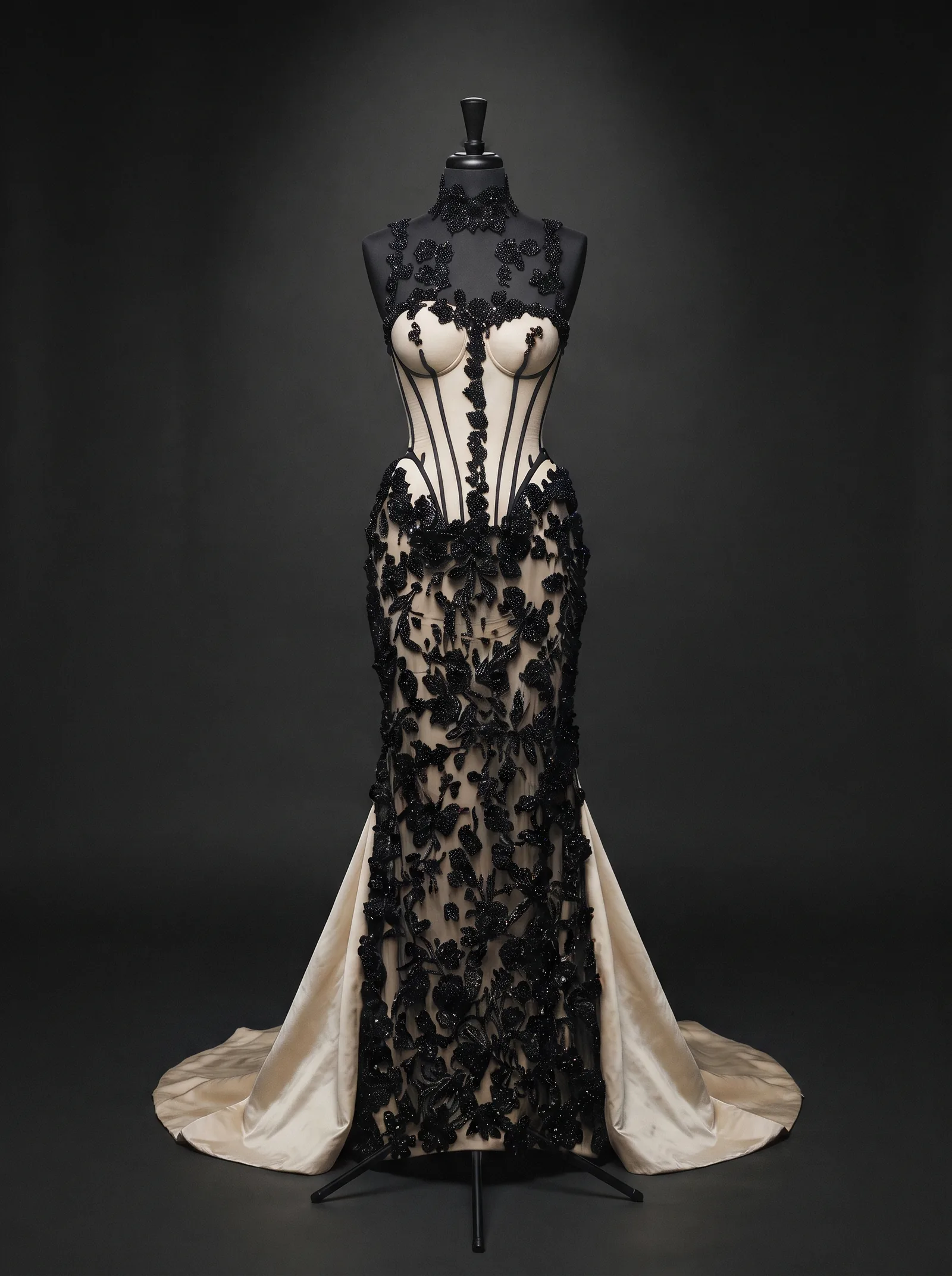 The Widow Lace on a black dress form: a gown of black beaded lace over an ivory corset bodice with an ivory train