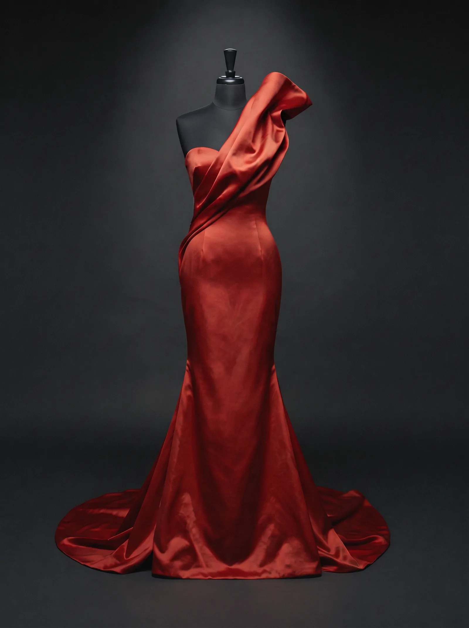 The Matriarch Gown on a black dress form: a blood red satin mermaid gown with a sculpted shoulder fold