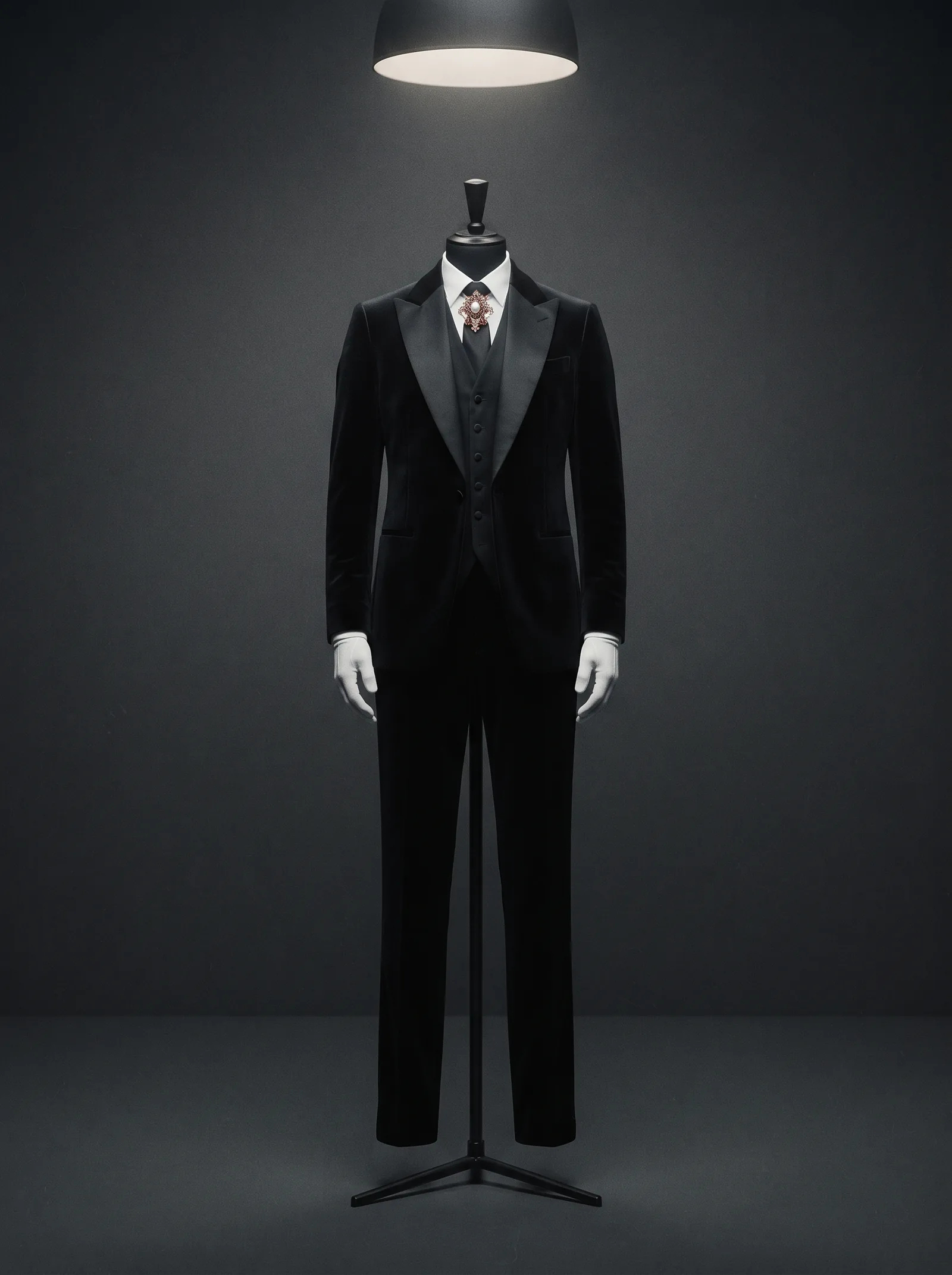 The Velvet Tuxedo on a black dress form: a three piece suit of black silk velvet with satin lapels
