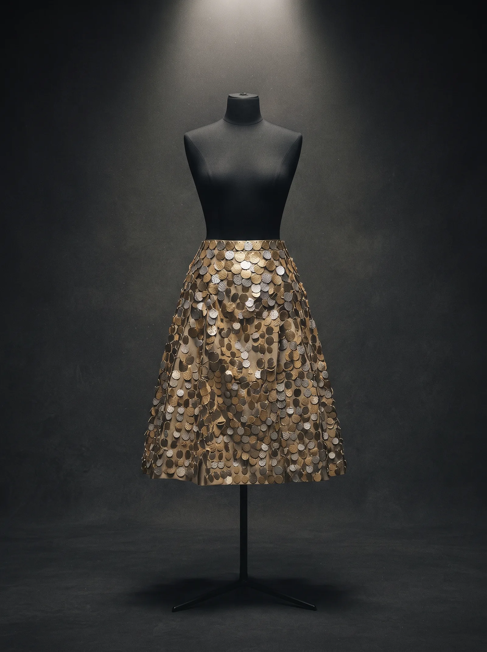 The Disc Skirt on a black dress form: a knee length skirt covered in gold and silver metal discs