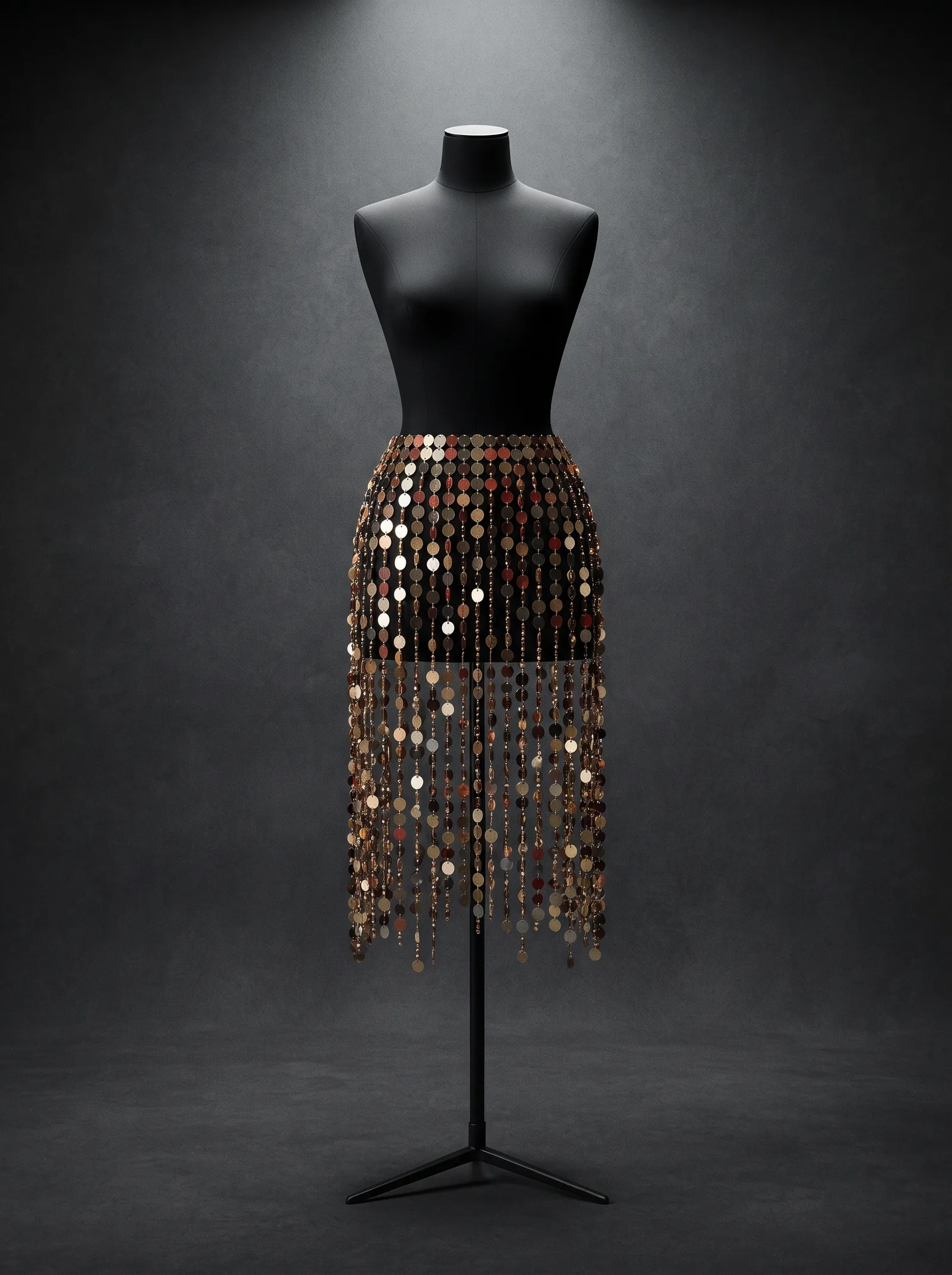 The Strand Skirt on a black dress form: a skirt of metal discs that ends in long hanging strands