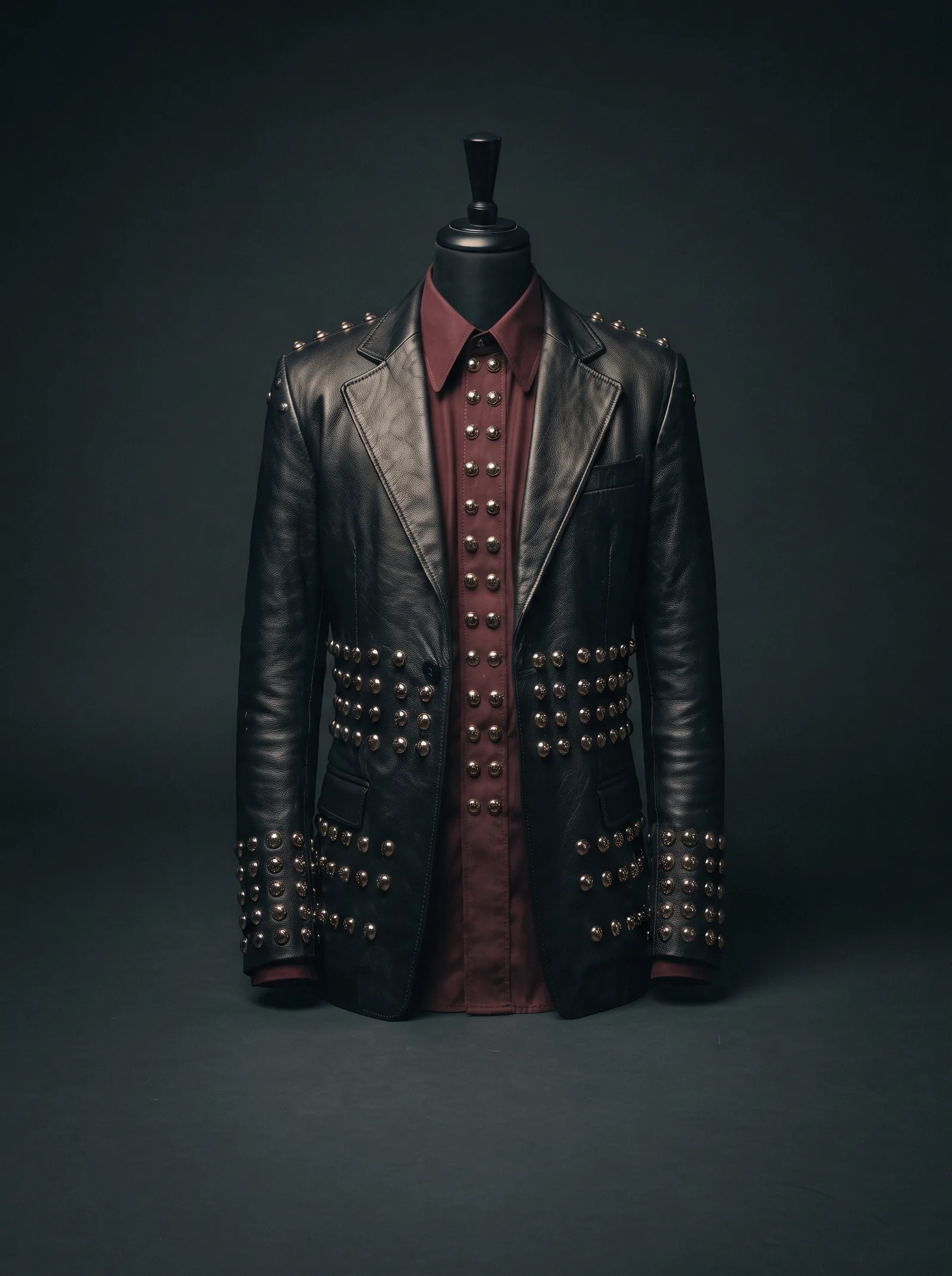 The Studded Leather on a black dress form: a black leather jacket covered in silver dome studs over a burgundy shirt