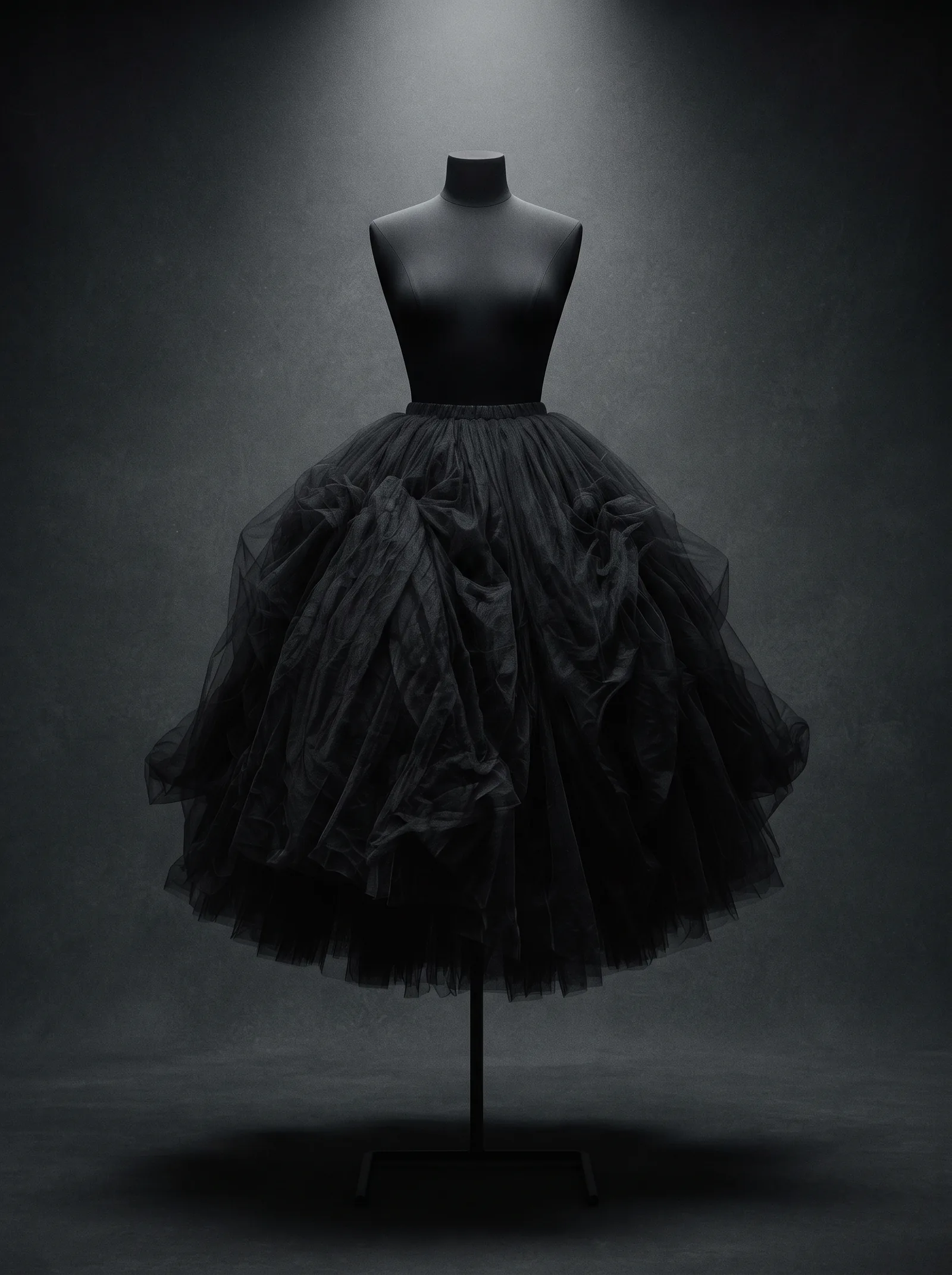 The Tulle Skirt on a black dress form: a full skirt of layered crushed black tulle