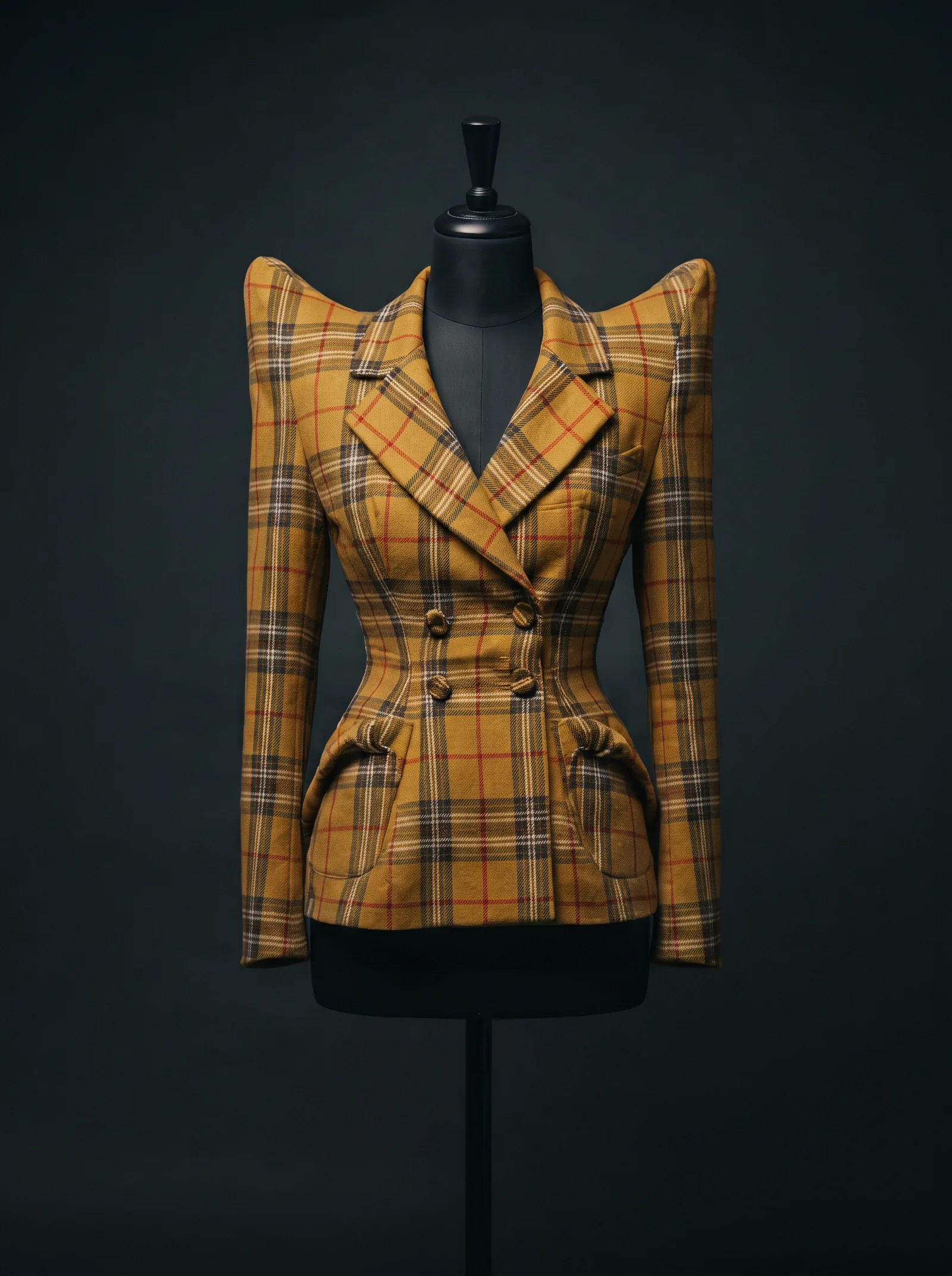 The Yellow Tartan on a black dress form: a mustard yellow tartan jacket with huge pointed shoulders, a fitted waist and fabric covered buttons