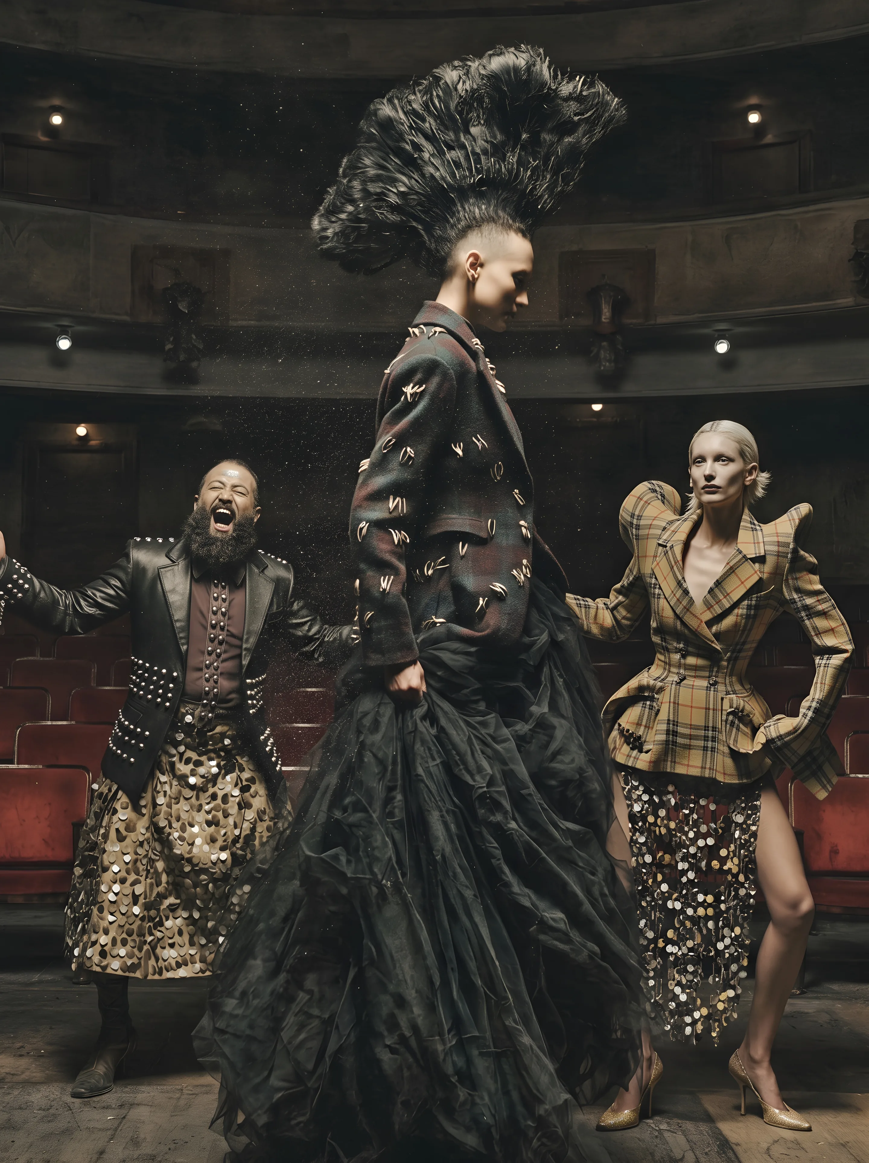 Riot: three models in an old theatre, one with a tall mohawk of black feathers in a pinned tartan blazer and a black tulle skirt