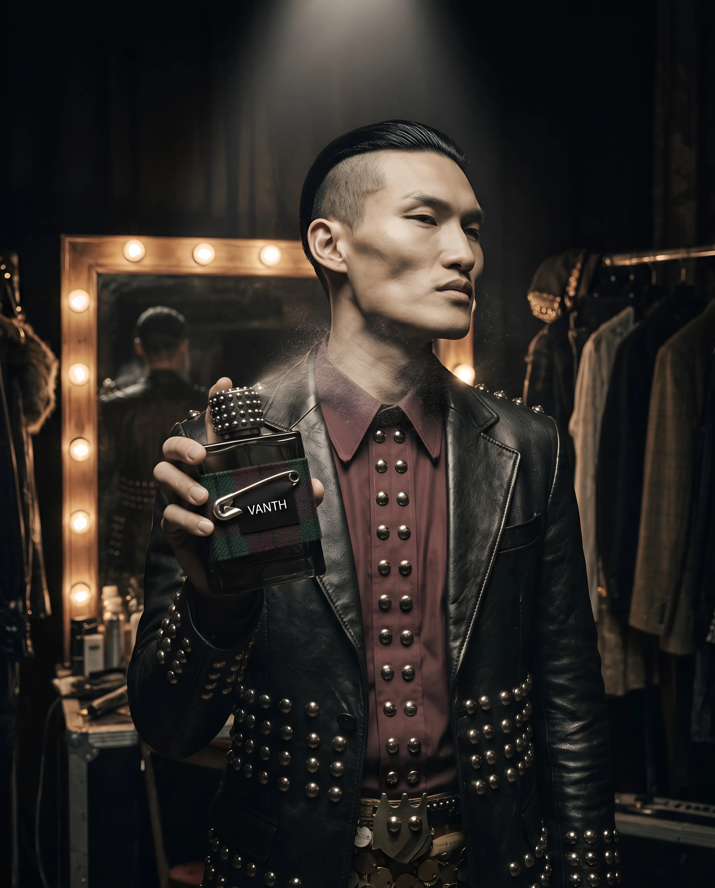 A man with hair shaved at the sides stands in a backstage dressing room at night in a studded black leather jacket, holding a black glass bottle wrapped in tartan and spraying perfume on his neck
