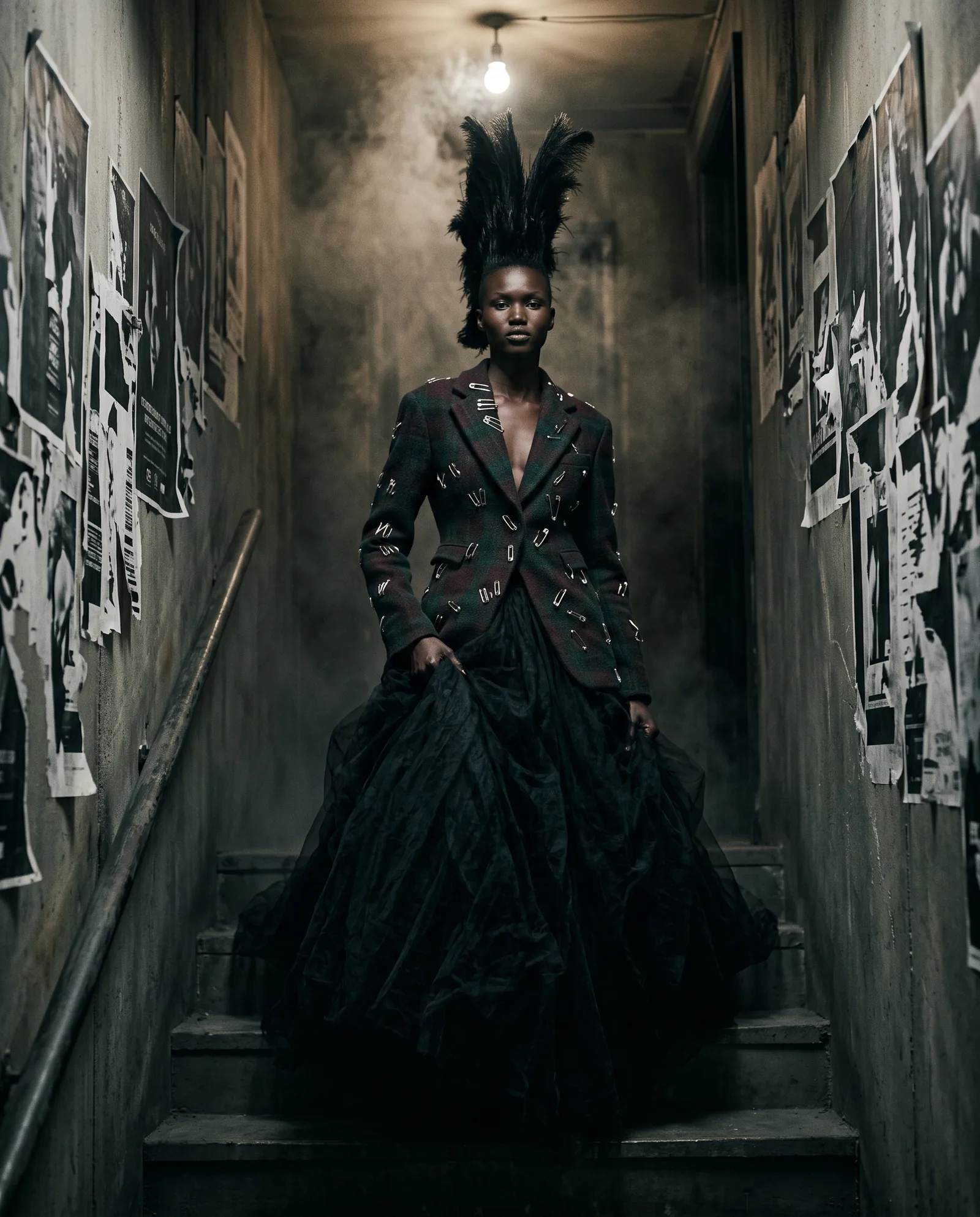 A woman with a tall headpiece of black feathers comes down the concrete stairs of an underground club in a dark tartan blazer pierced with silver safety pins over a huge black tulle skirt