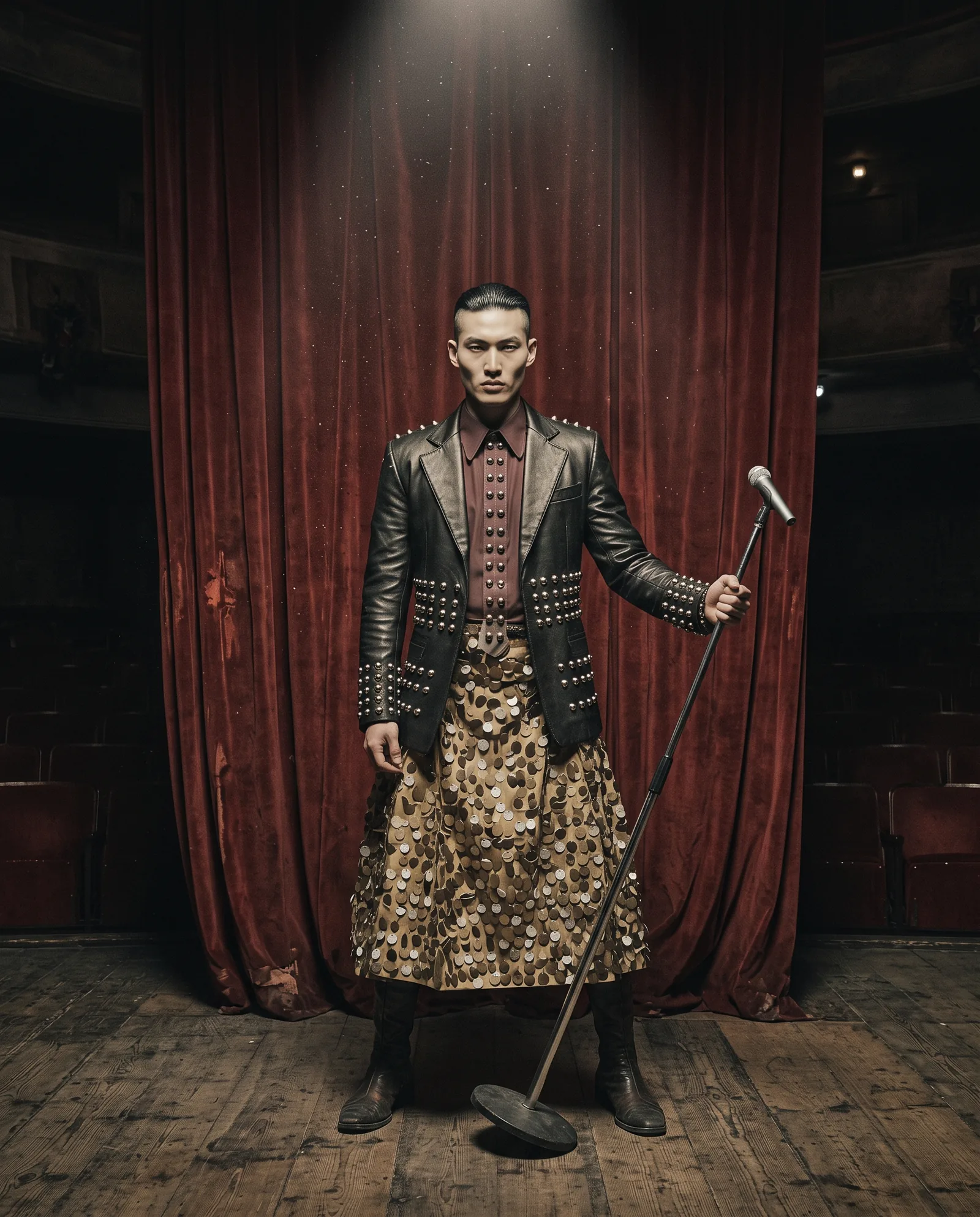 A man with hair shaved at the sides stands on an empty theatre stage in front of a red curtain, holding a microphone stand, in a black leather jacket covered in silver studs over a skirt of gold discs