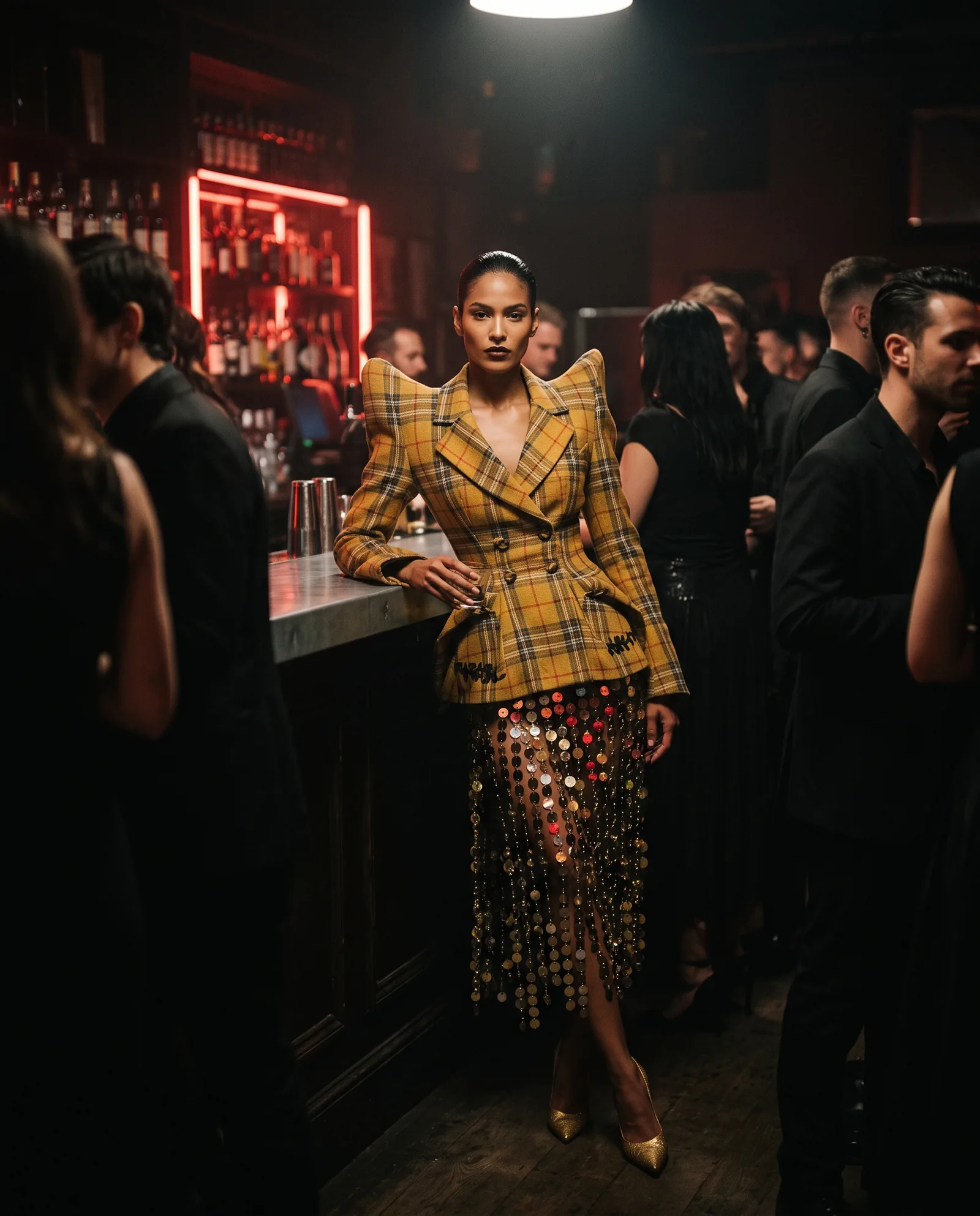 A woman with slicked back black hair leans on the counter of a crowded dark bar in a mustard yellow tartan jacket with huge pointed shoulders over a skirt of hanging metal discs