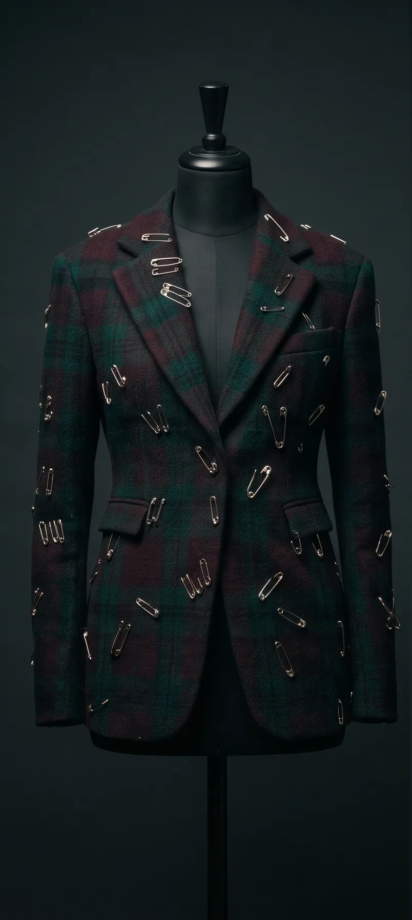 The Pinned Tartan on a black dress form: a dark green and burgundy tartan blazer pierced with silver safety pins
