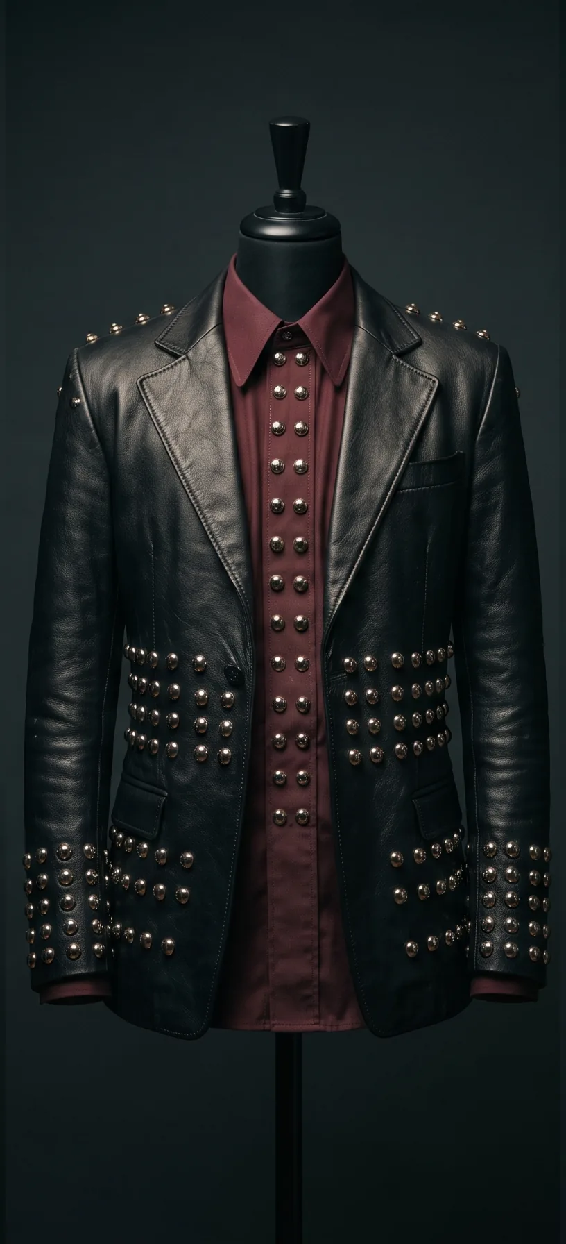 The Studded Leather on a black dress form: a black leather jacket covered in silver dome studs over a burgundy shirt