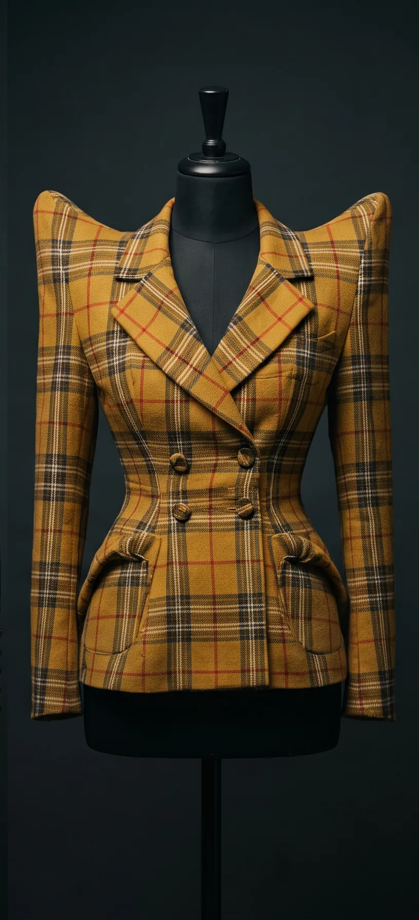 The Yellow Tartan on a black dress form: a mustard yellow tartan jacket with huge pointed shoulders, a fitted waist and fabric covered buttons