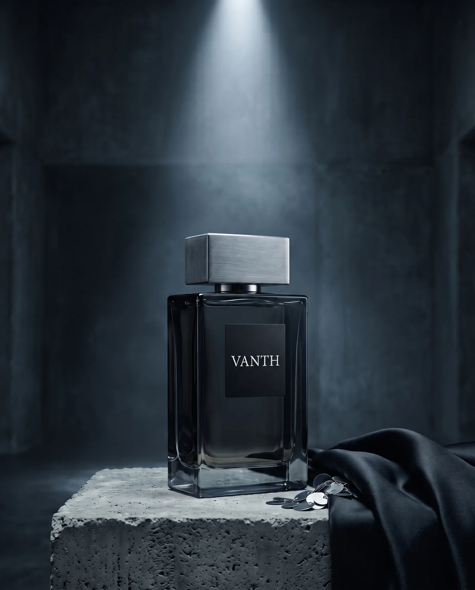 The Slate bottle, smoked black glass with a brushed steel cap, on a concrete block beside a fold of black satin and a few silver paillettes