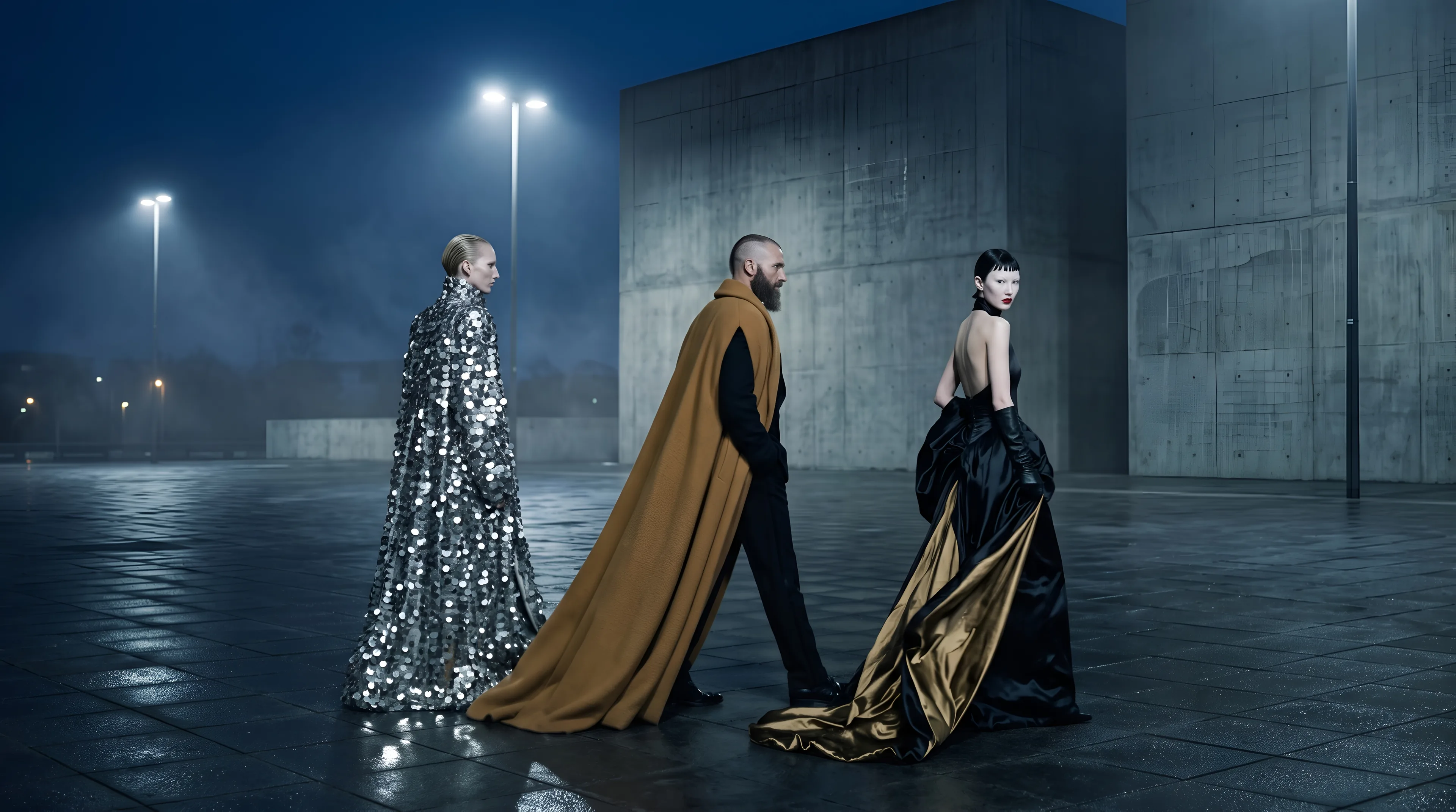 Three people in couture cross a wet concrete square at night under cold street lamps: a coat of silver paillettes, a camel wool cape, and a black satin gown with a gold lined train