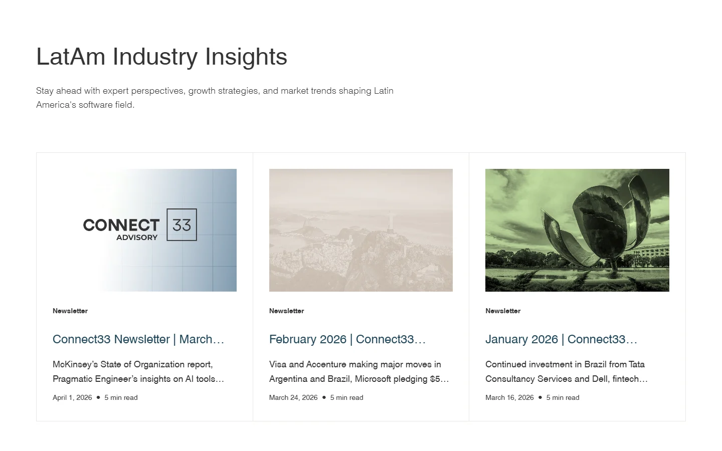 Connect33 blog section, desktop, Webflow