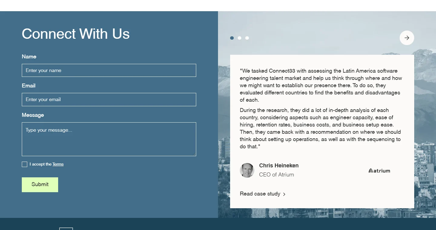 Connect33 contact section, desktop, Webflow