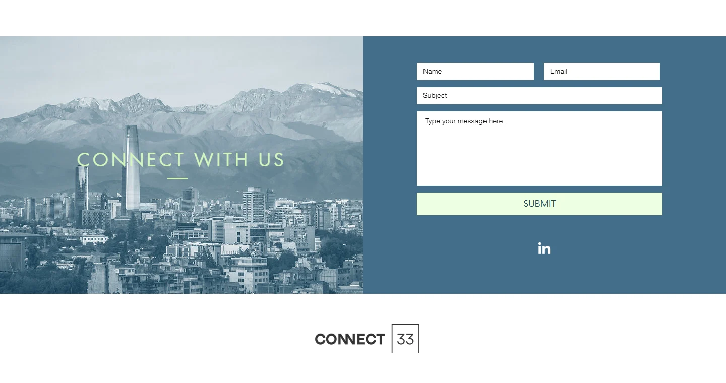 Connect33 contact section, desktop, Wix