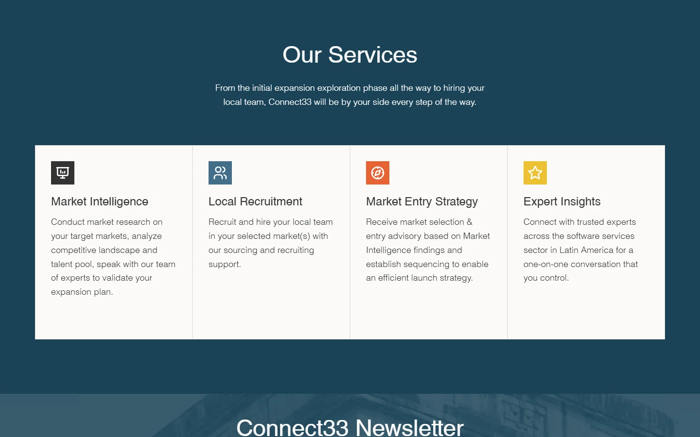 Connect33 services section, desktop, Webflow